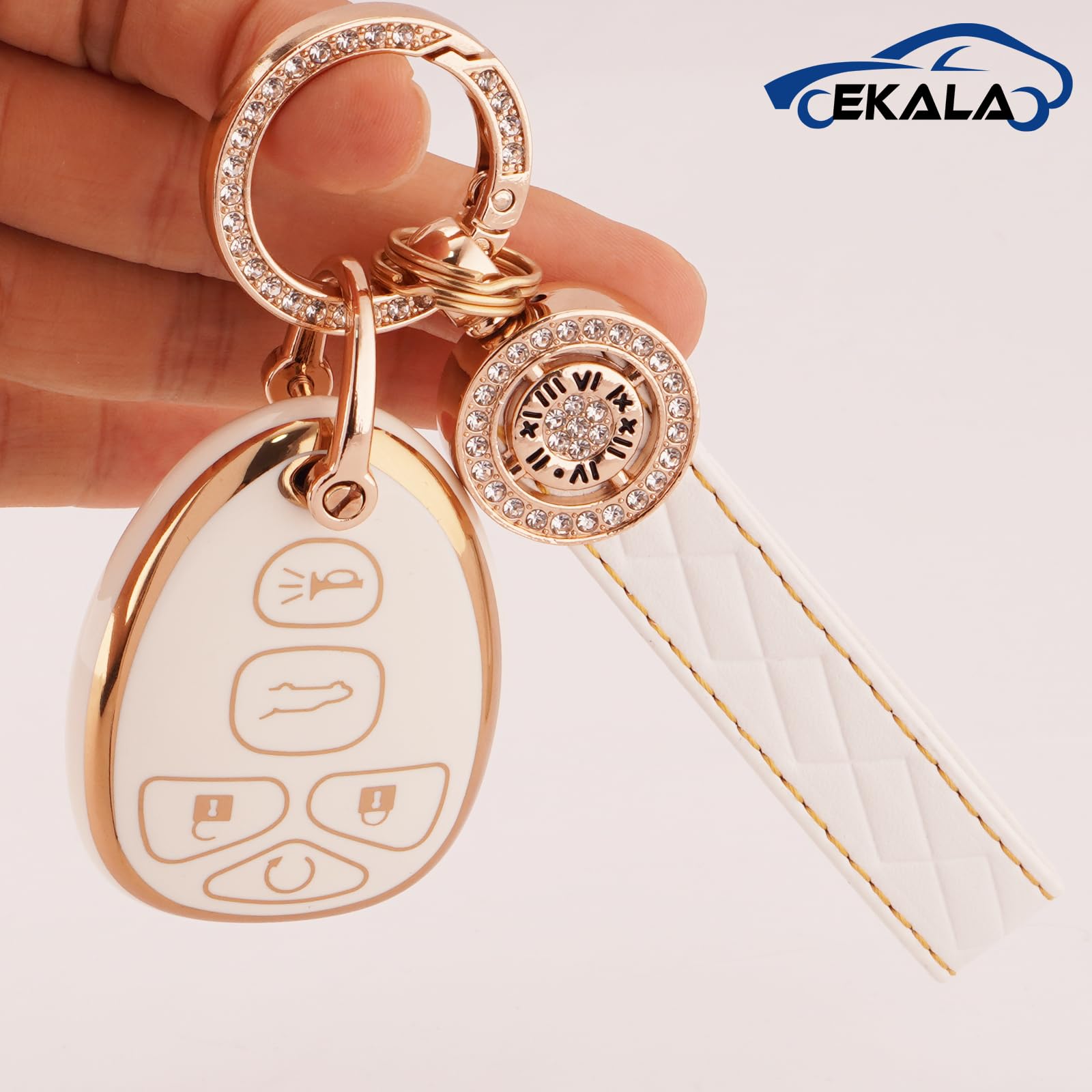 EKALA TPU Key Fob Cover with Leather Keychain for Chevy/GMC/Cadillac 5 Buttons, Chv-5R, Color C