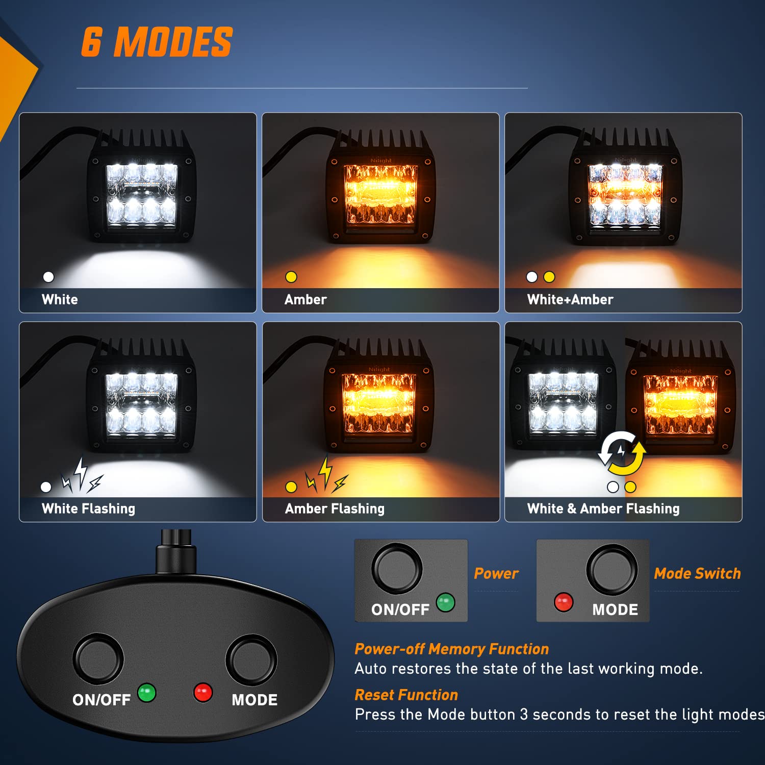 Nilight 2Pcs 42W Led Pods Light 3Inch Cubes Amber White Strobe 6 Modes Memory Function Off-Road Truck Car Atv Suv Cabin Boat Wit