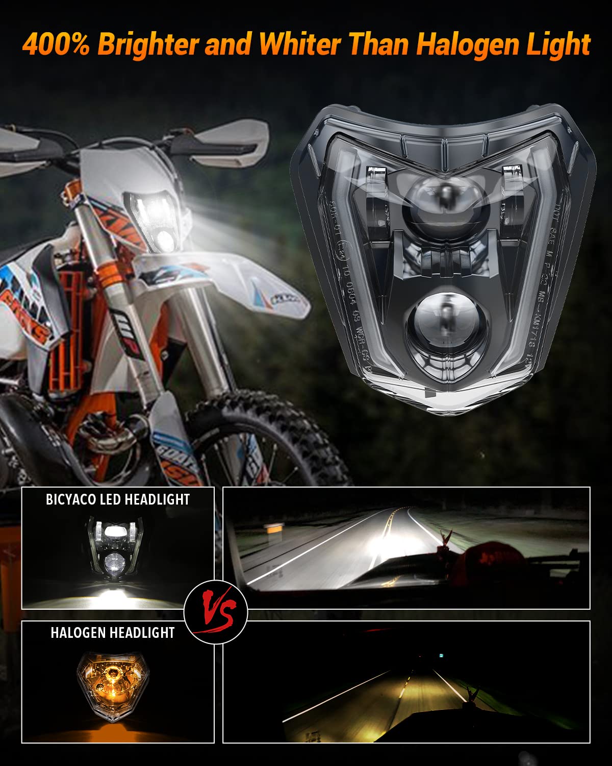BICYACO 66W 3000LM LED Dirt Bike Headlight with DRL & Turn Signal, Hi/Lo Beam, Compatible with Enduro Motorcycles, Black, Model BIX-171