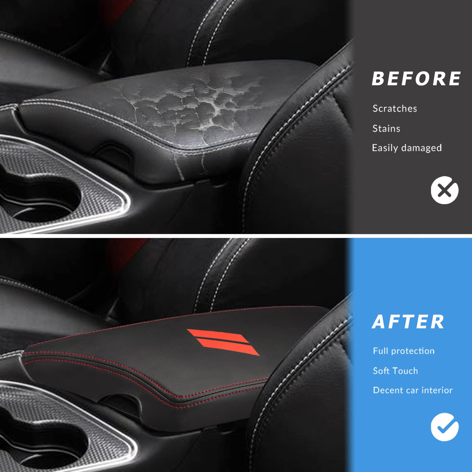 INTGET Car Center Console Armrest Cover for Dodge Challenger 2015-2023, PU Leather, Red Stitches, Interior Lid Protector Pad