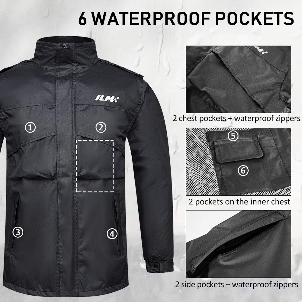 Ilm Motorcycle Rain Suit Waterproof Wear Resistant 6 Pockets 2 Piece Set With Jacket And Pants Fits Men Women (Men'S 2X-Large, N