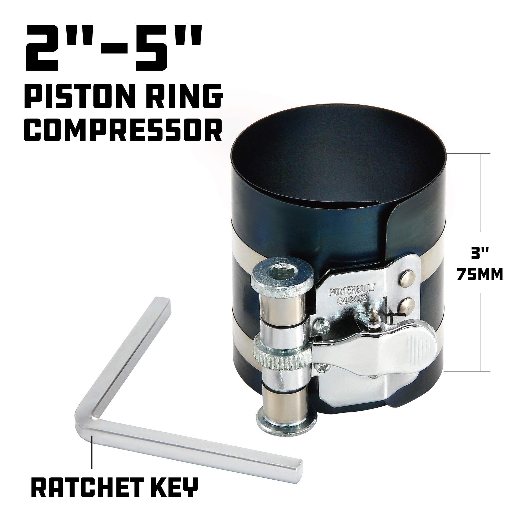 Powerbuilt Piston Ring Compressor, 2 Inch to 5 Inch Diameter, Compress Pistons, Ratcheting Lock, Release Lever, Slide into Cylin