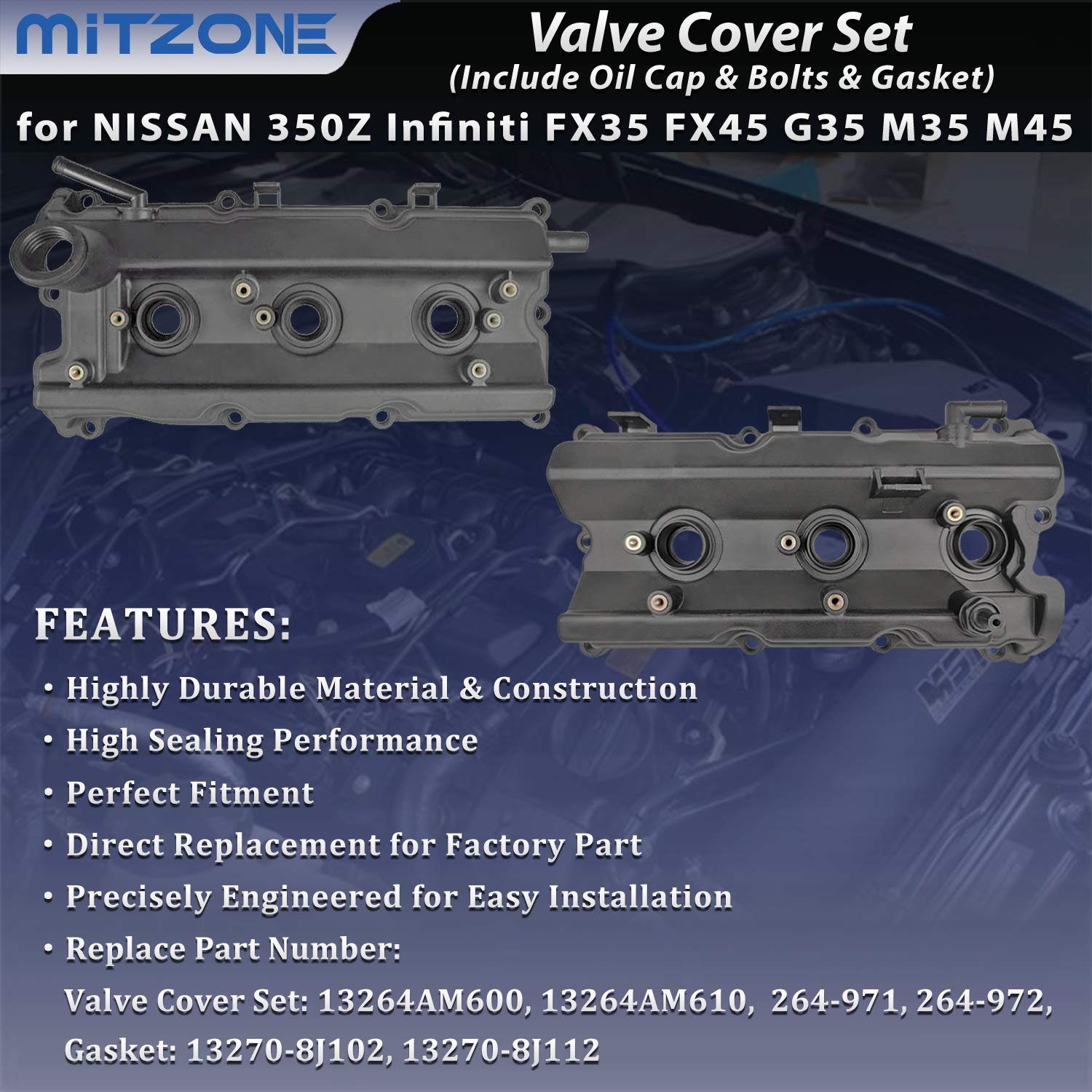 Mitzone Engine Valve Cover Set With Bolts & Oil Cap & Gaskets & Spark Plug Tube Seals & Pcv Valve Compatible With 2003-2008 Niss