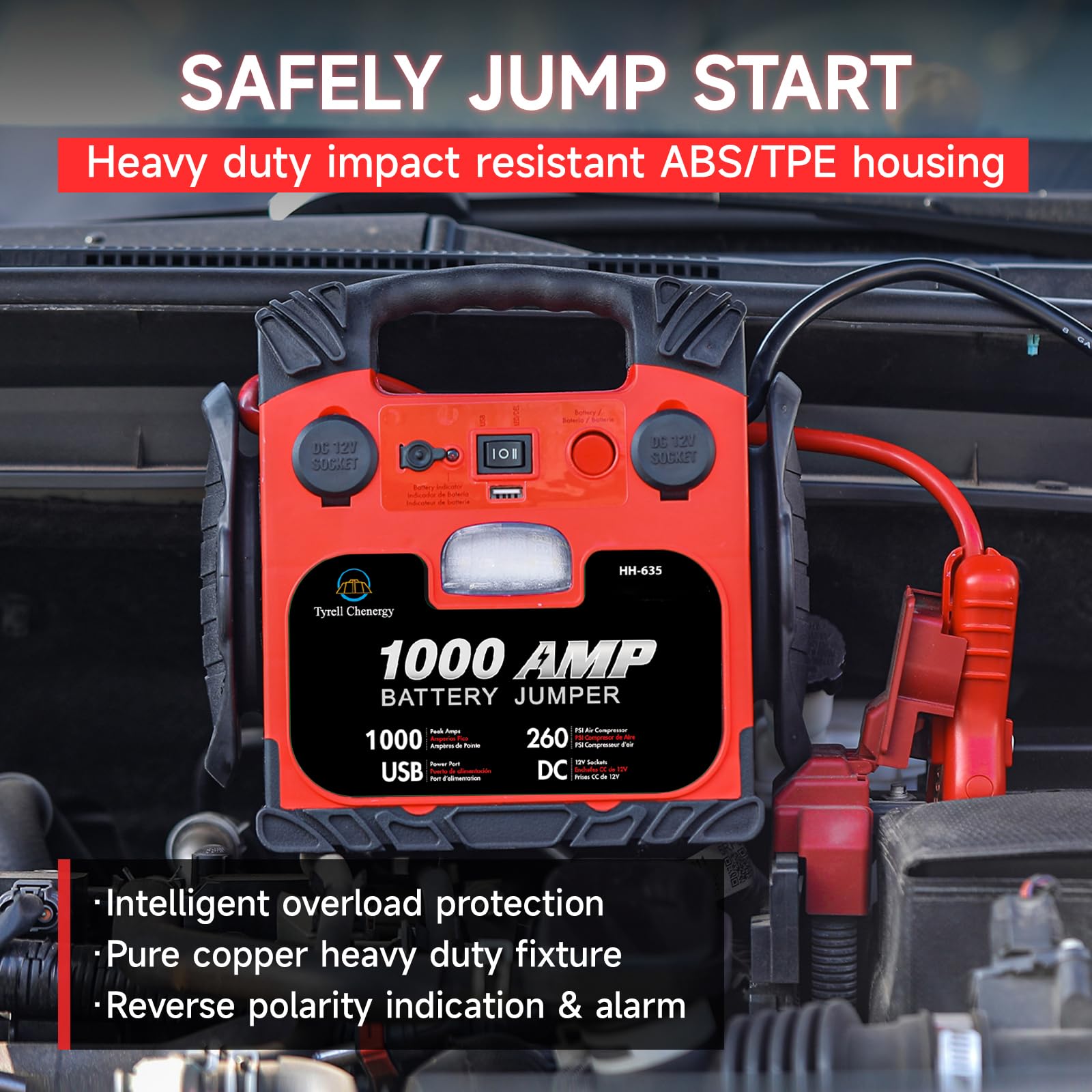 Tyrell Chenergy 1000Amp Car Battery Jump Starter & Air Compressor, HH635, 12V Power Station with USB Port & LED Light, 260PSI