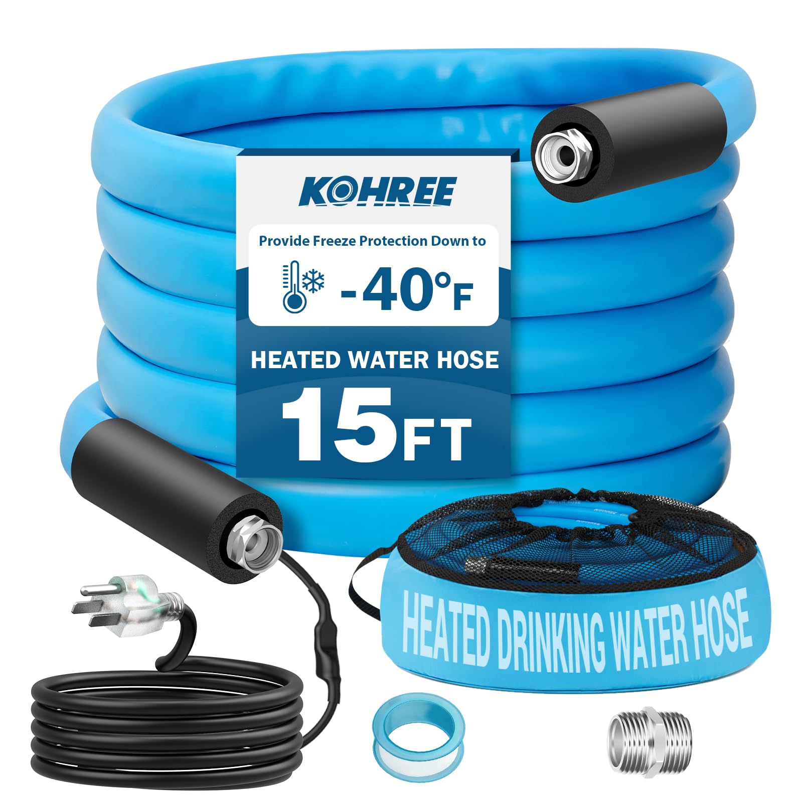 Kohree 15FT Heated Water Hose for RV, -40 ? Heated Drinking Water Hose for Camper, Heavy Duty Heated Hose 5/8, Energy Saving The