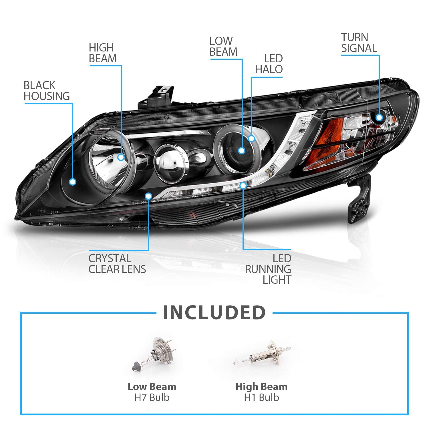 AmeriLite Halogen Projector Headlights with Amber LED Halo for 2006-2009 Honda Civic 4 Door/Hybrid Sedan, Black, Driver & Passenger Side