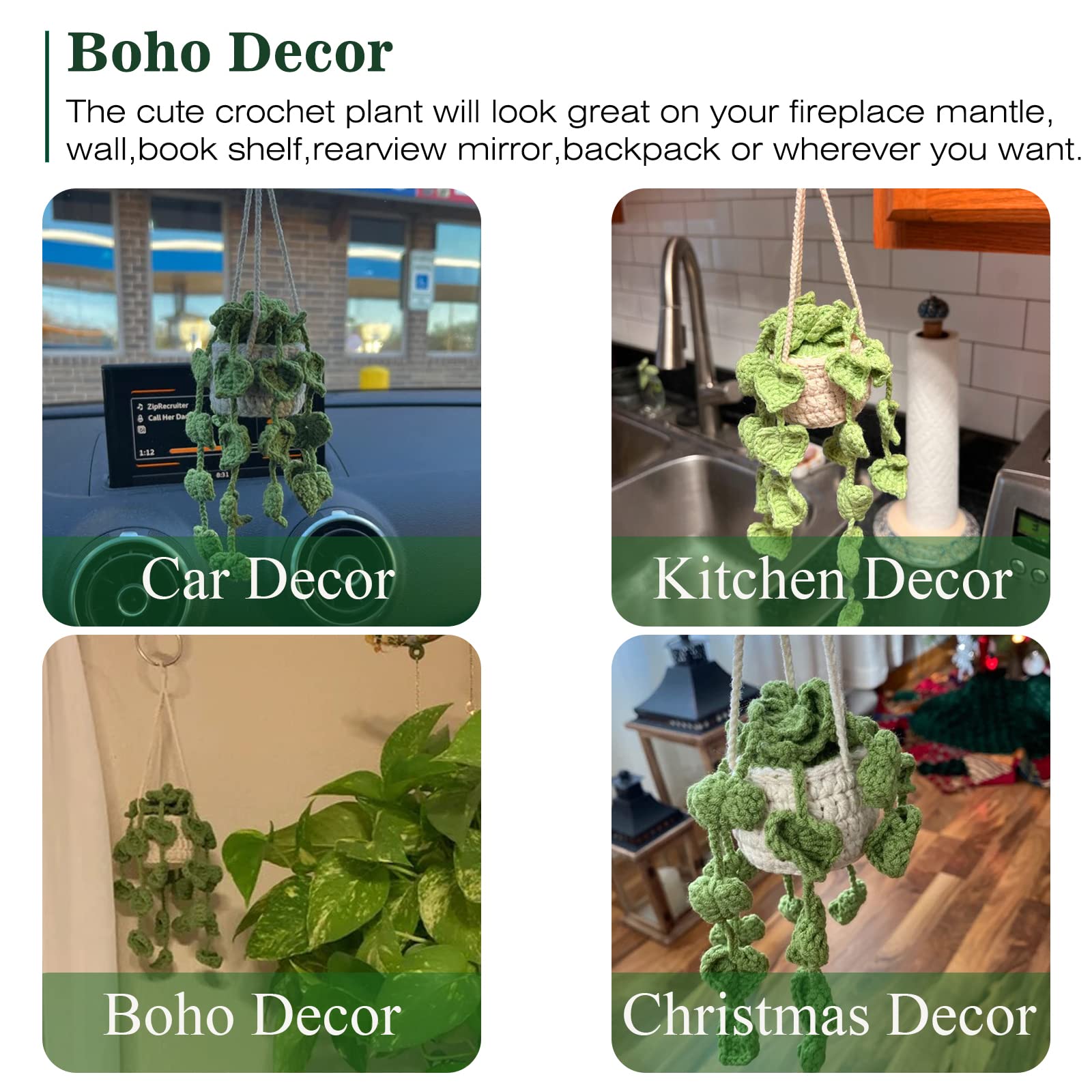 Cute Crochet Plant for Car Rear View Mirror,Boho Handmade Car Mirror Hanging Accessories for Women Girls,Green Car Interior Aest