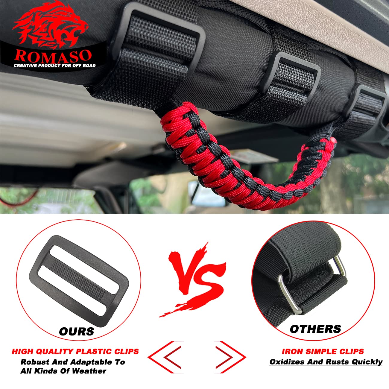 ROMASO Roll Bar Grab Handle for Jeep Wrangler,Grab Handle for Jeep Wrangler YJ JK JL,Comfortable Paracord Material(Black/Red),Pa