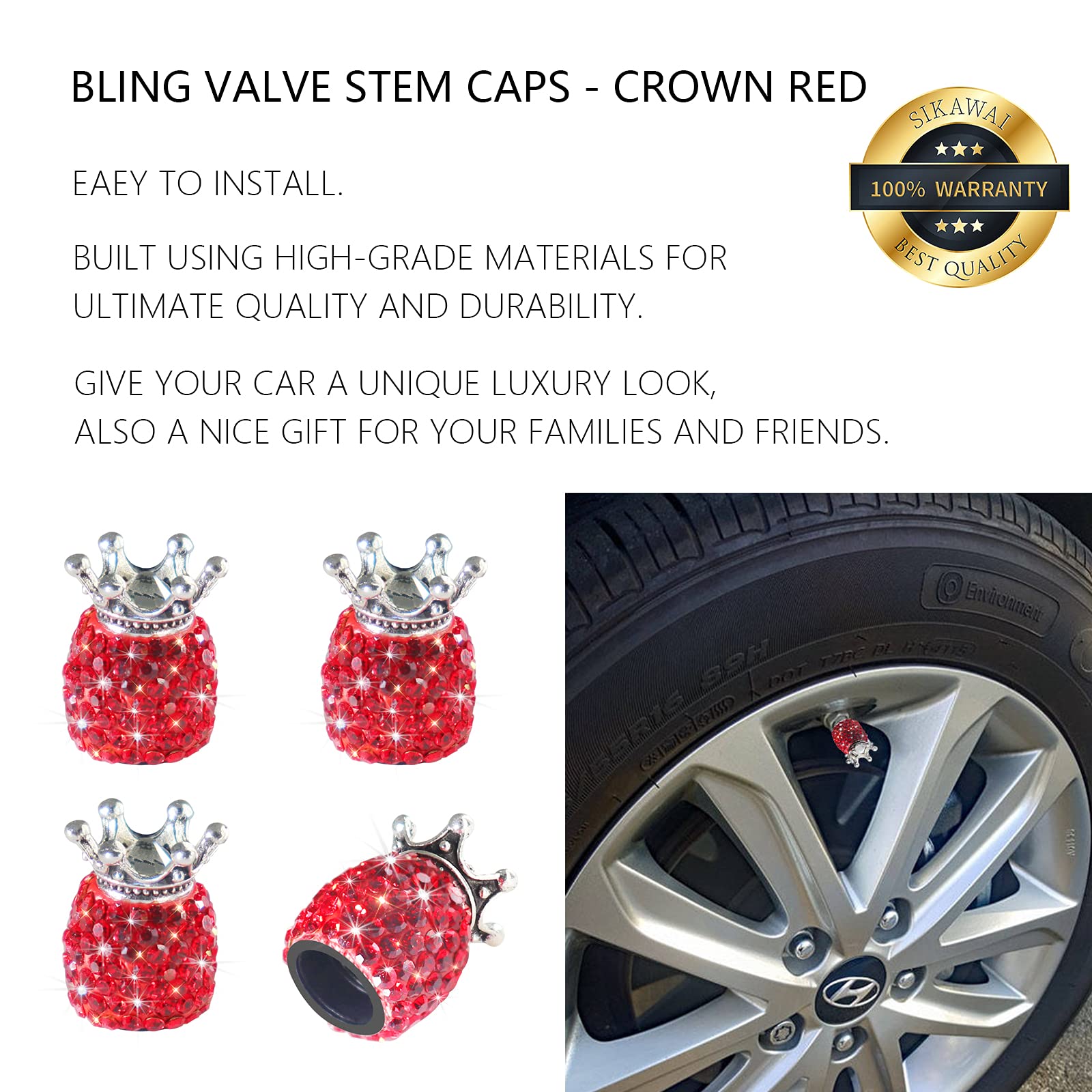 Sikawai Bling Tire Valve Stem Caps Crown Valve Caps Sparkling Handmade Crystal Rhinestone Universal Car Tire Valve Caps Chrome,A