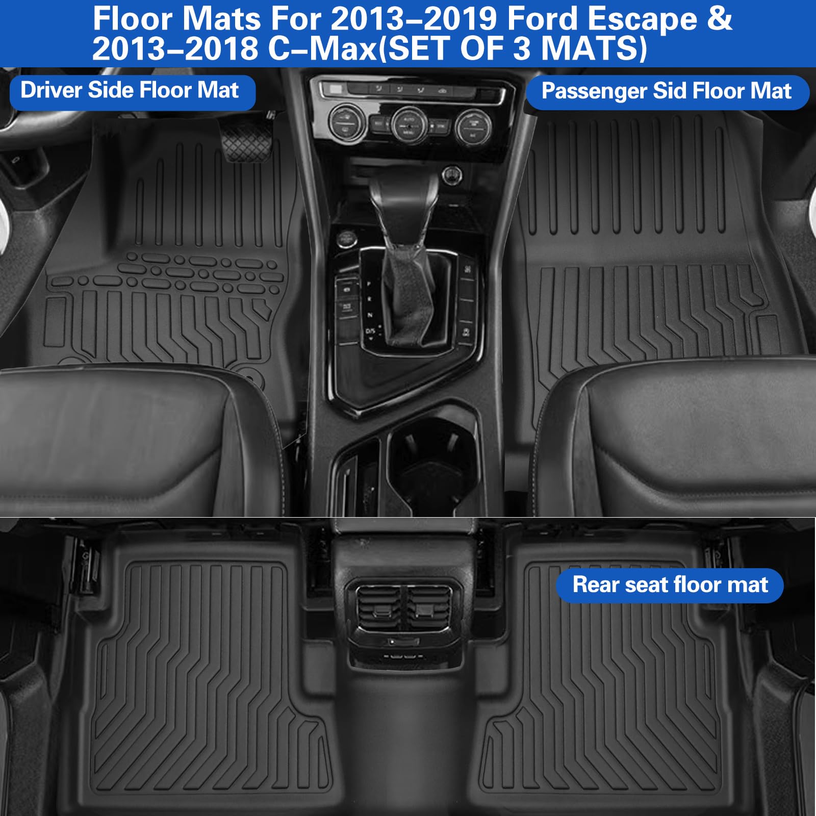 Tupliege All Weather Rubber Floor Mats Compatible with 2013-2019 Ford Escape & 2013-2018 C-Max, 3Pcs Car Automotive Floor Mats &