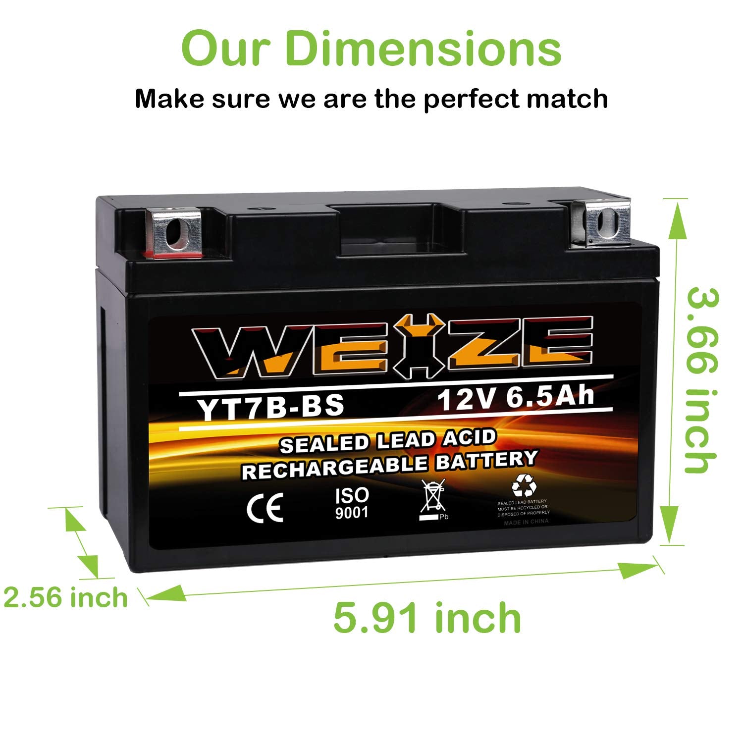 WEIZE YT7B-BS Maintenance Free Sealed AGM Motorcycle Battery for Yamaha ATV - Black