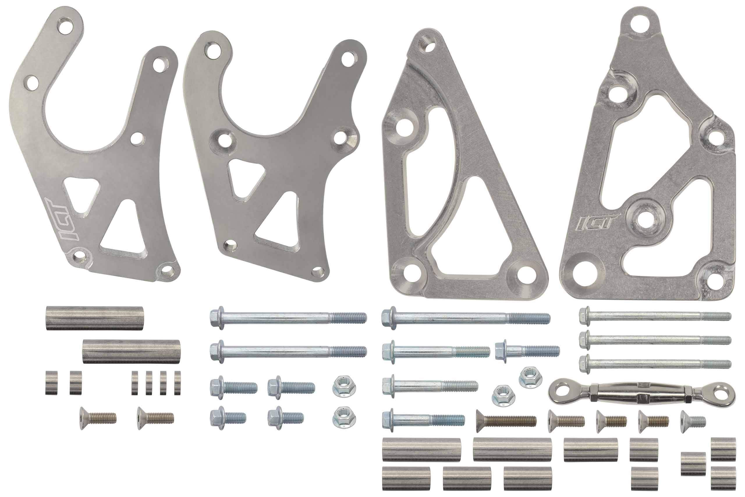 ICT Billet LS Truck Power Steering Pump Kit - Aluminum Turnbuckle Bracket for LSX 5.3L 6.0L Models - Natural Finish, Model 551396LS0-