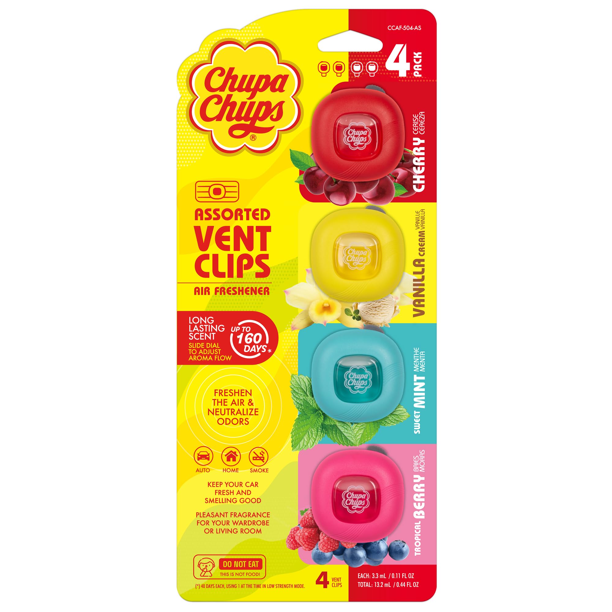 Chupa Chups Car Air Freshener, 4-Piece Assorted - Long Lasting Air Fresheners with Fun Scents, Colorful and Vibrant Perfume Deod