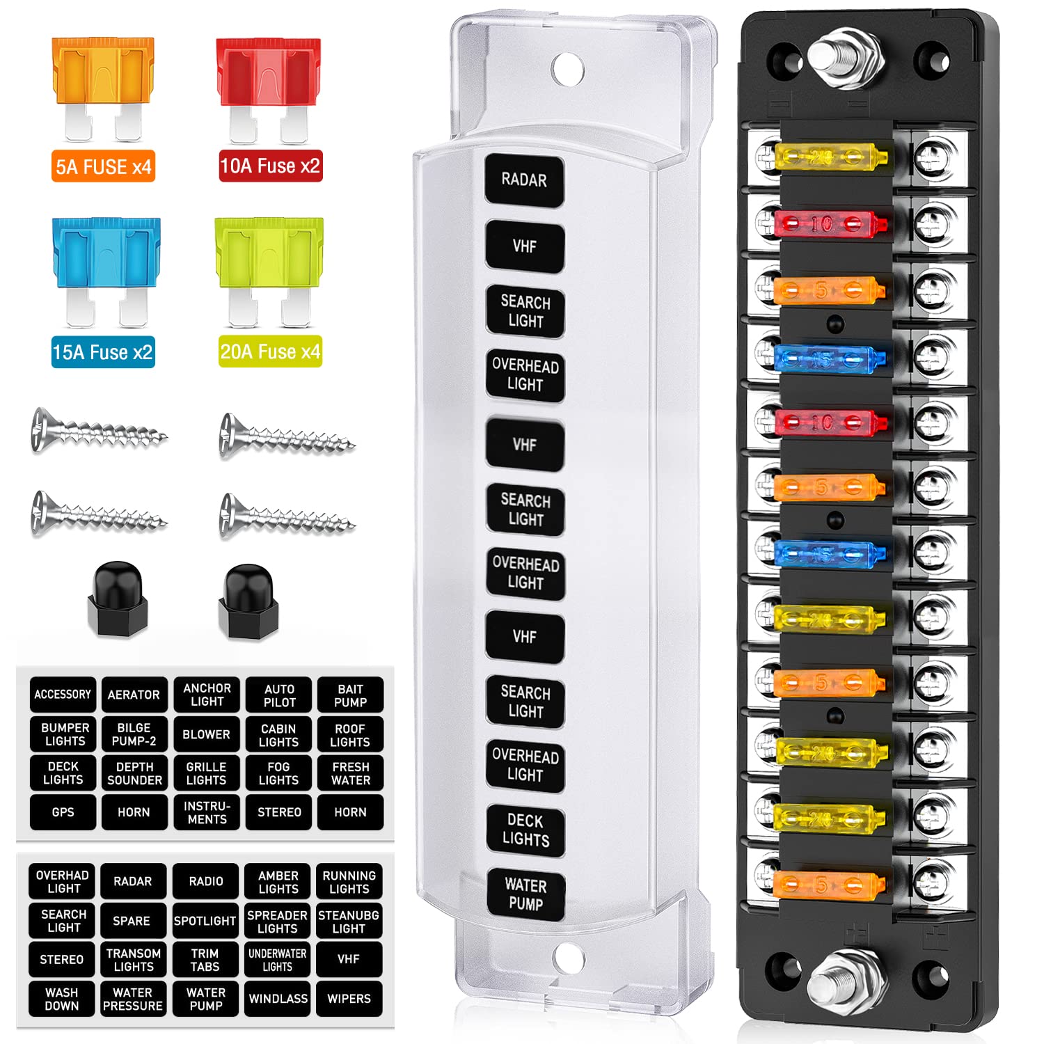 Nilight 12 Way Fuse Block With Negative Bus 12V Blade Holder Atc/Ato Standard Box Label Stickers Waterproof Cover Panel For Auto