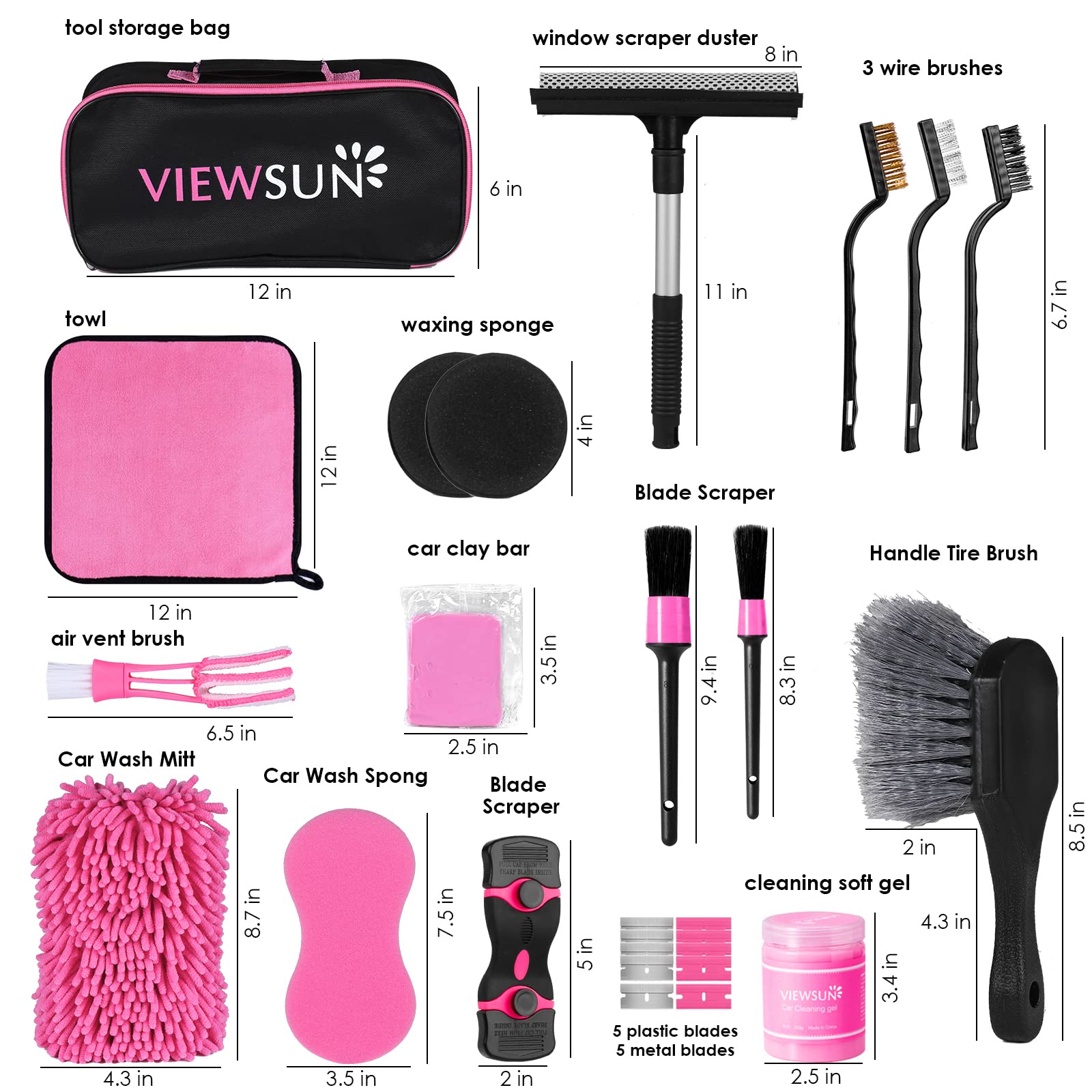 Viewsun 19PCS Car Cleaning Kit for Women - Pink Detailing Set with Cleaning Gel, Scraper, Brush, Mitt, Squeegee, Wax Applicator