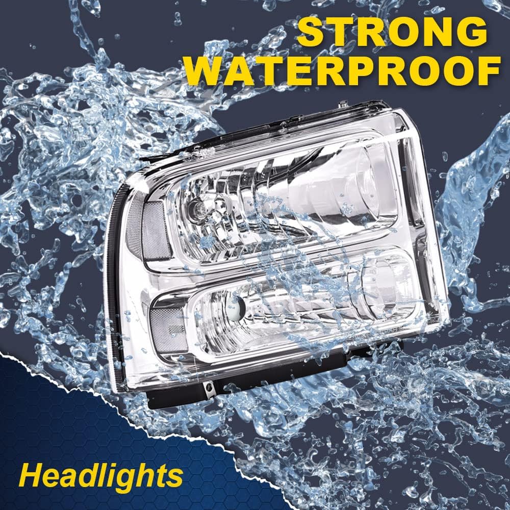 G-PLUS Headlight Assembly for 99-04 Ford F250/F350/F450/F550, Chrome Housing, Clear Lens, ABS Plastic, Professional Installation Required