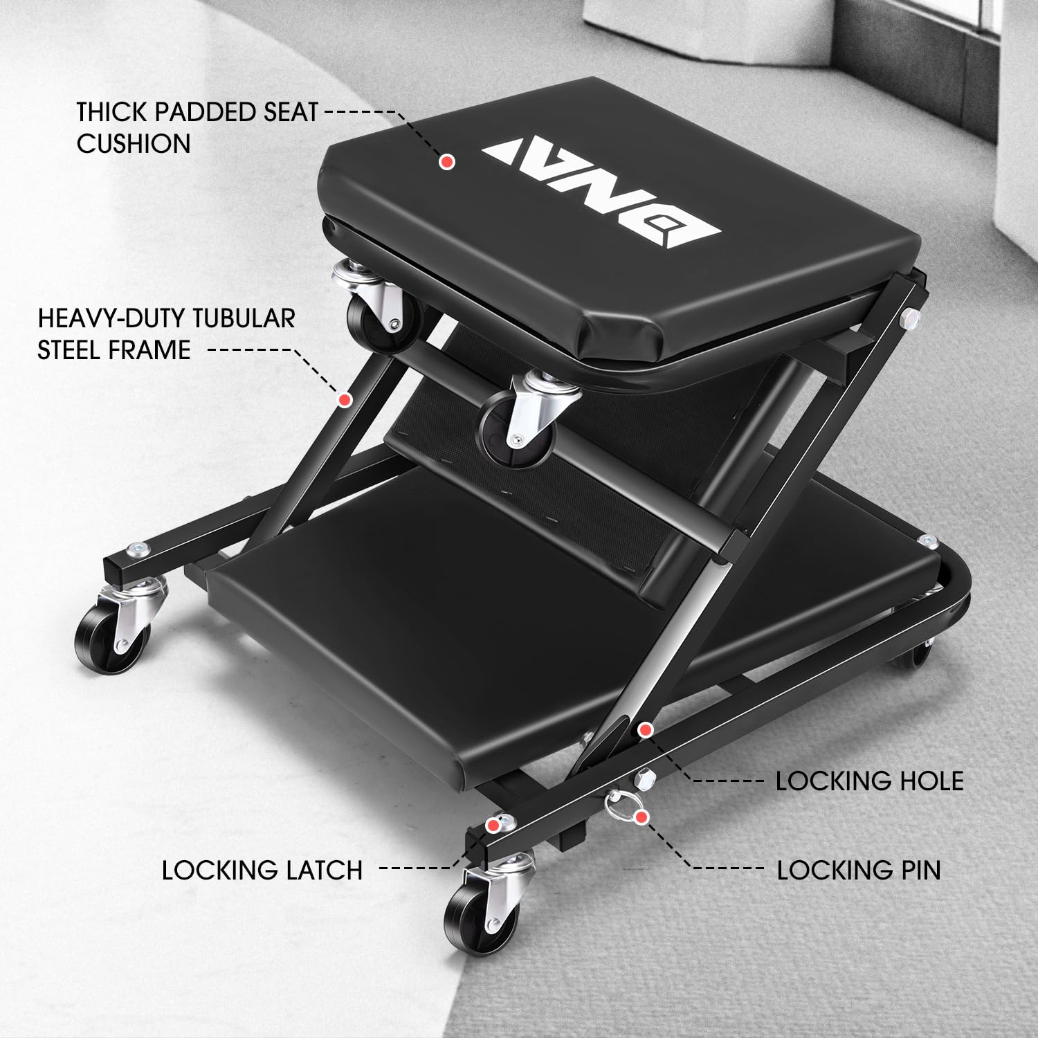 Dna Motoring 36 Inches Folding 2 In 1 Rolling Z Creeper, Adjustable Roller Garage Chair Lay Down Or Sit, 6 Pcs Casters, 330 Lbs