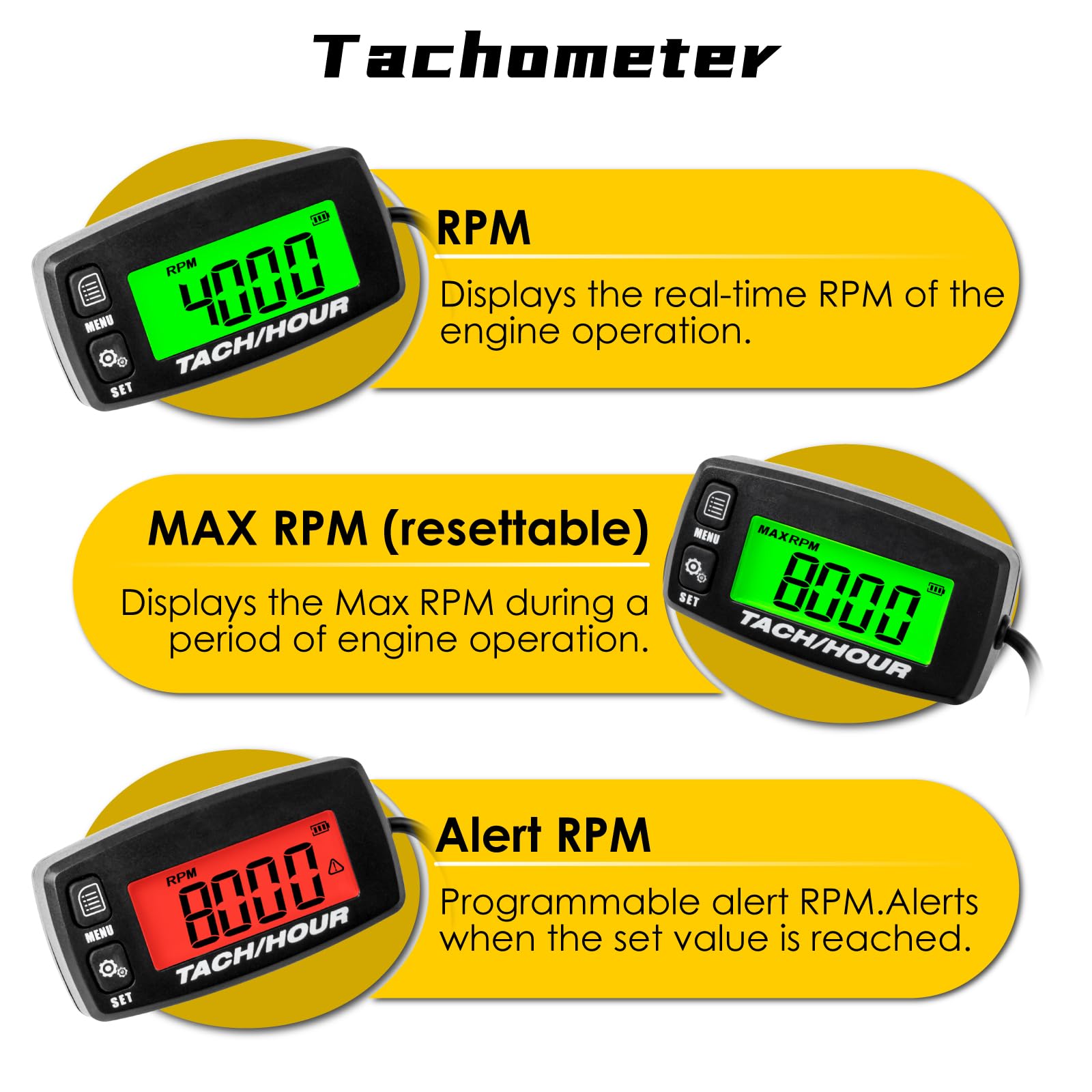 NInE-ROnG Self Powered Digital Tachometer Hour Meter,Inductive Maintenance Waterproof Backlit Shutdown Tach/Hour Meter,Battery R