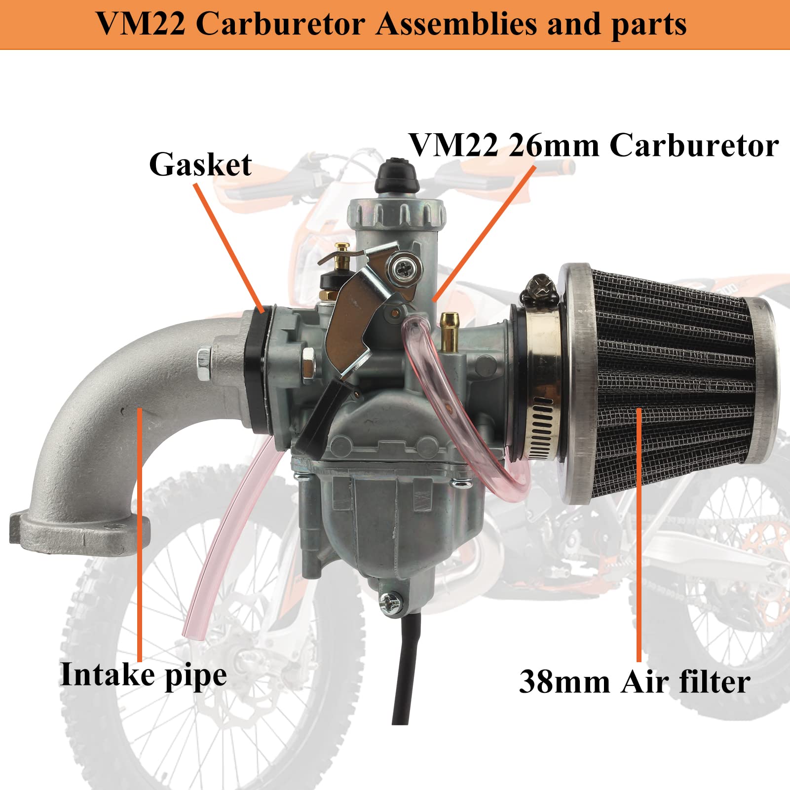 ABCERRSI Dirt Bike Carburetor 125cc,VM22 26mm Carb with Air Filter Intake Pipe for SSR 125 Pit Bike 110cc 150cc 212cc Enduro Bik