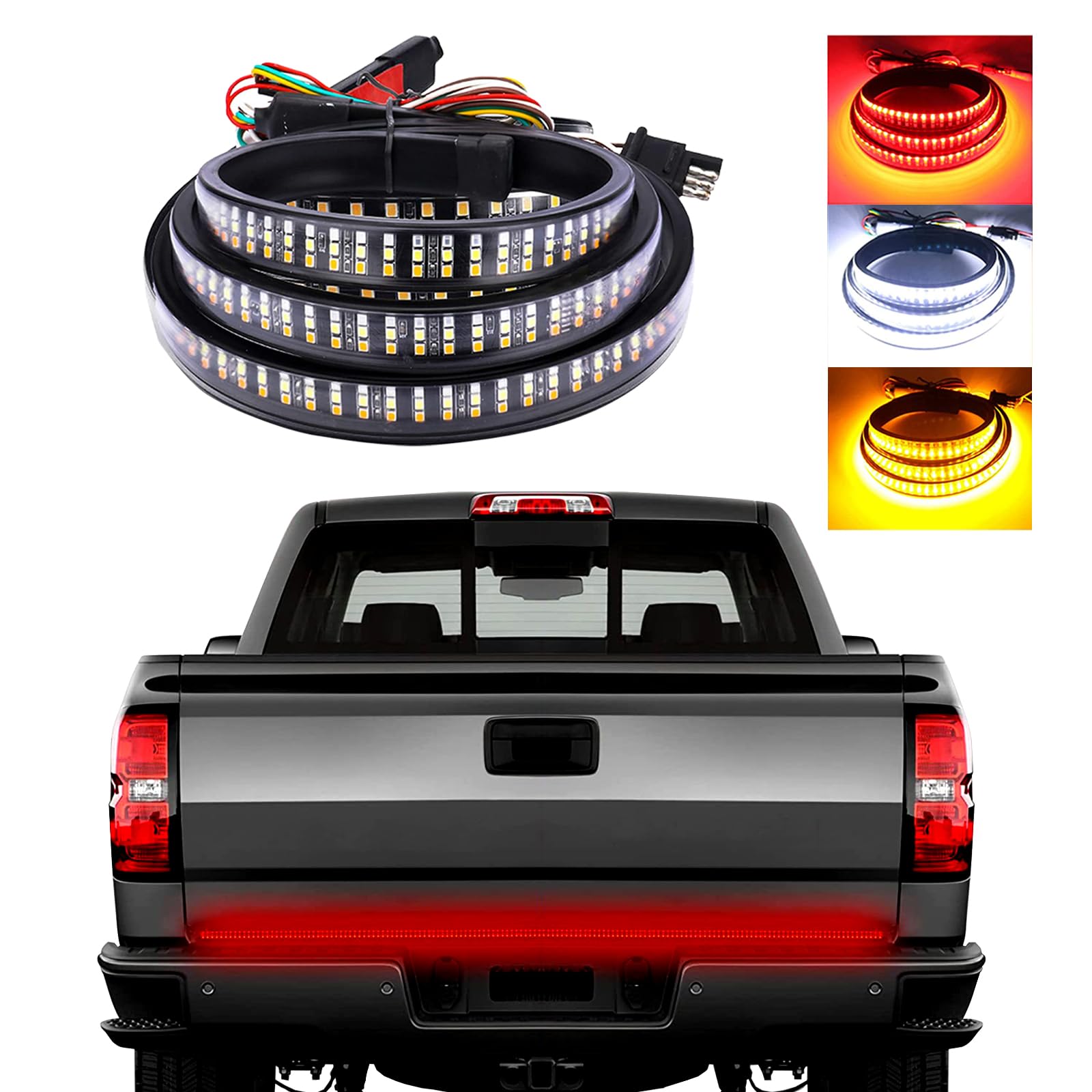Kewucn Tailgate Light Bar 48'' Led, Ip65 Triple Row Led Strip With Red Running Brake White Reverse Red Turning Signals Lights, U