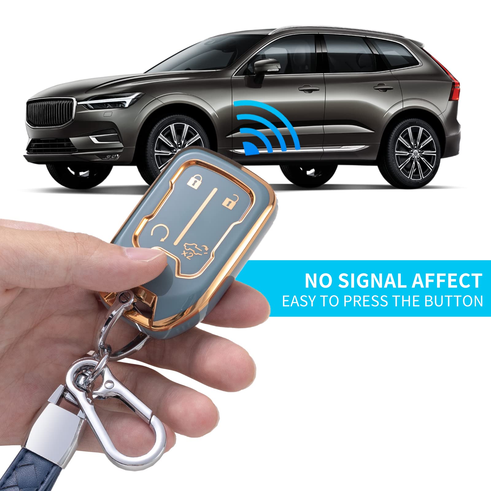 Chezenhui For Gmc Key Fob Cover With Leather Lanyard, Car Key Case Shell Protection For 2019-2022 Gmc Sierra 1500 2500Hd 3500Hd Terrain Acadia Smart Remote Control Protector, Blue