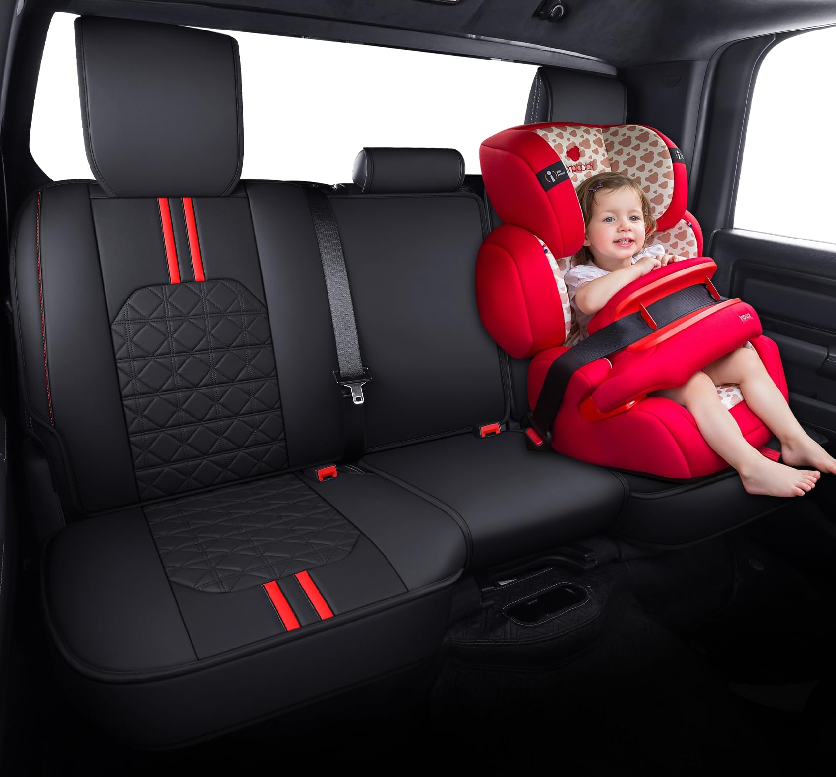 YIERTAI Faux Leather Rear Seat Cover for 2009-2024 1500HD/2500/3500HD - Black-Red, Waterproof, Compatible with Crew/Quad Cab