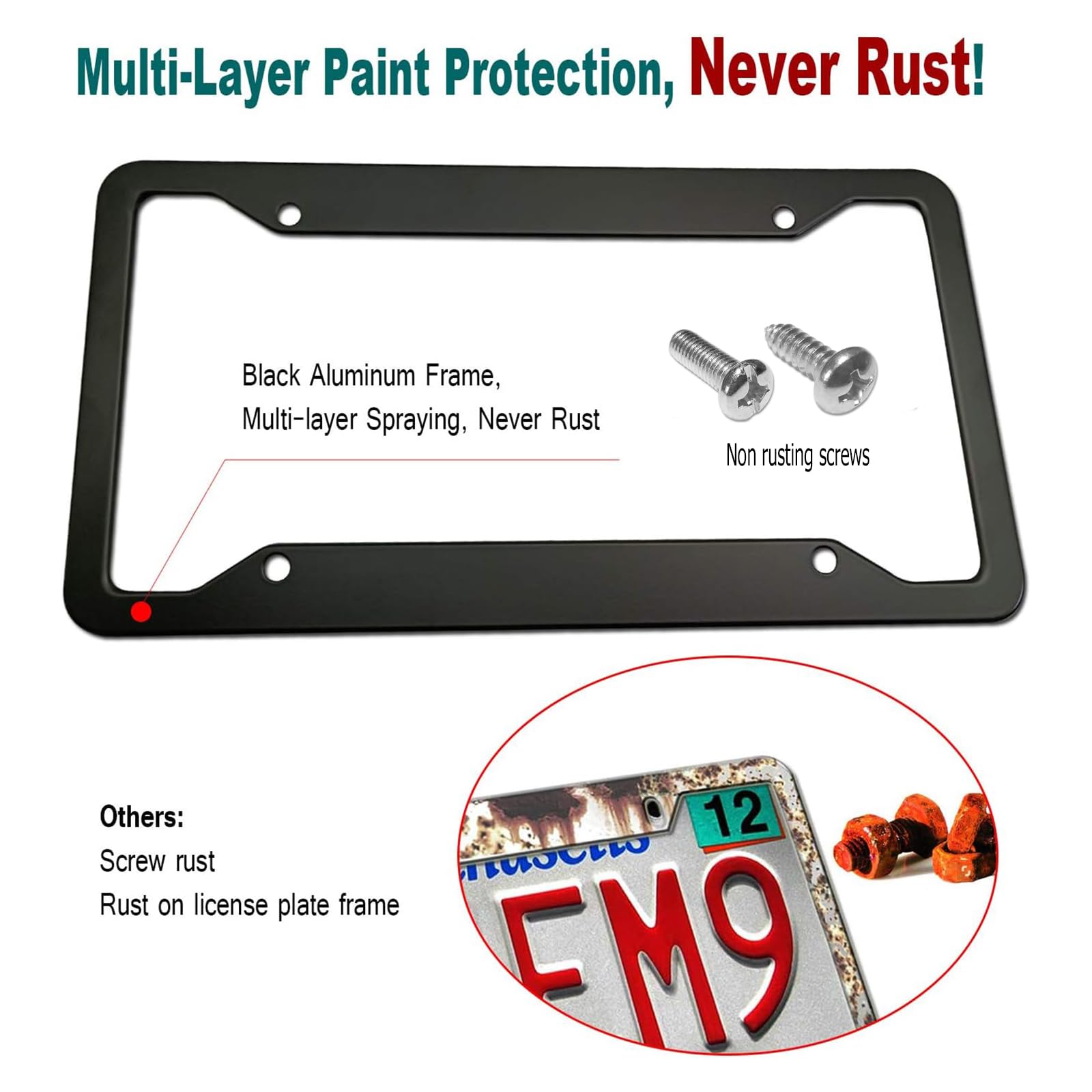 Aootf Black Aluminum License Plate Frames- Heavy Duty Car Tag Cover With Screw Caps, 2 Pack Front & Rear Holders For Women/Men,