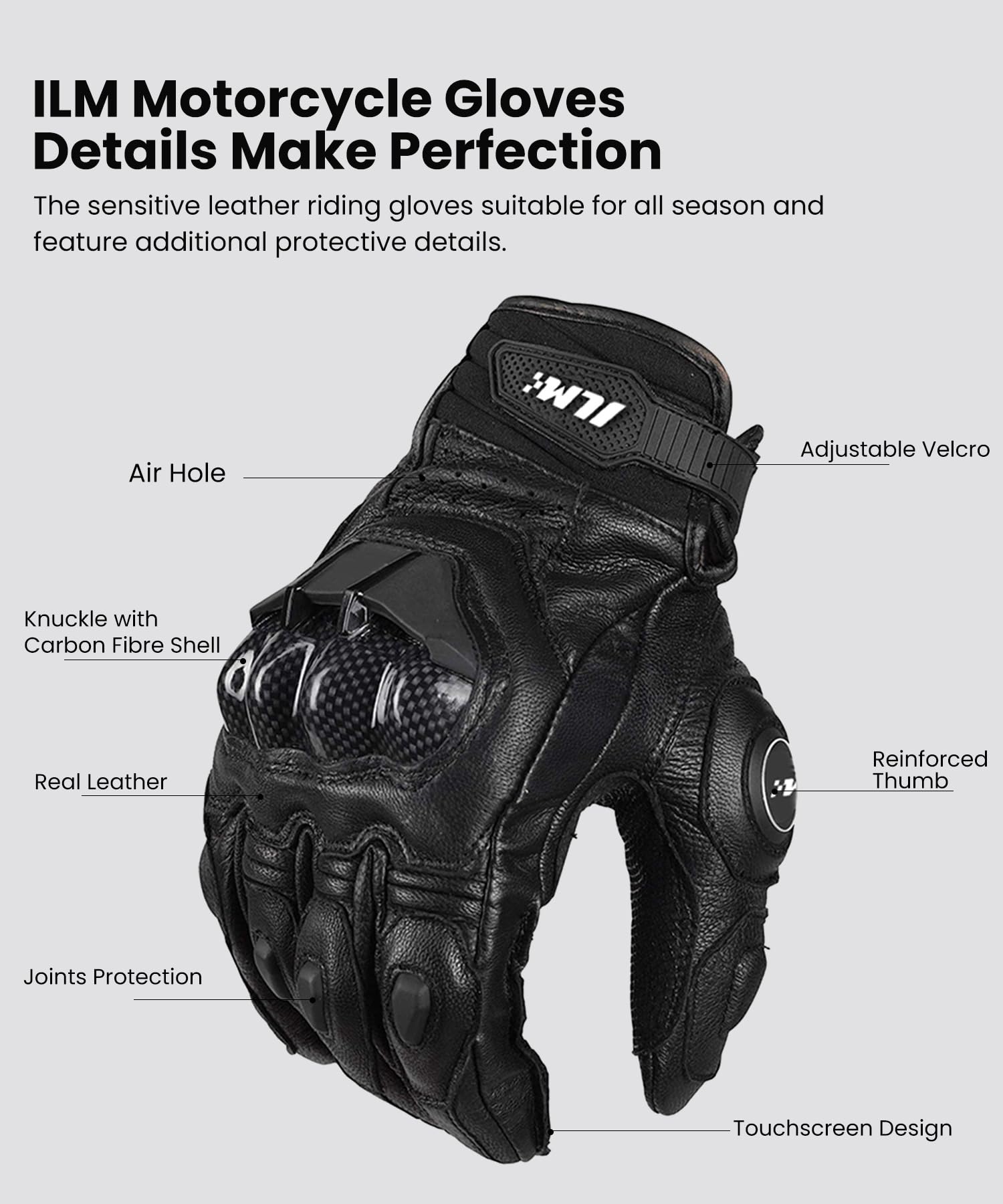 ILM Leather Motorcycle Gloves for Men & Women, Touchscreen, Large, Black, Model GRC01
