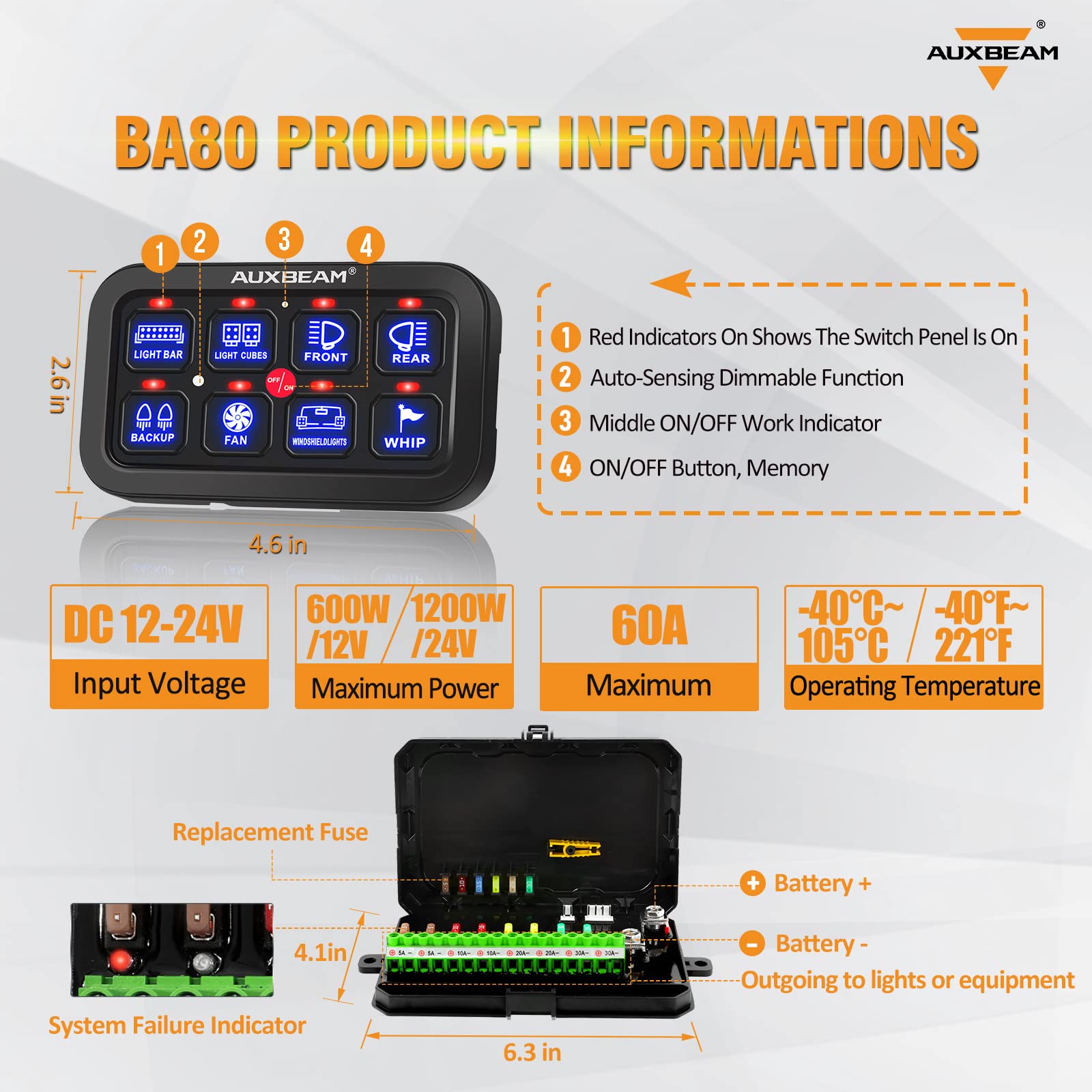 Auxbeam 8 Gang Switch Panel BA80, Metal, Upgraded Touch Switch Box for Car, Truck, Jeep, Boat, Blue, 2 Year Warranty
