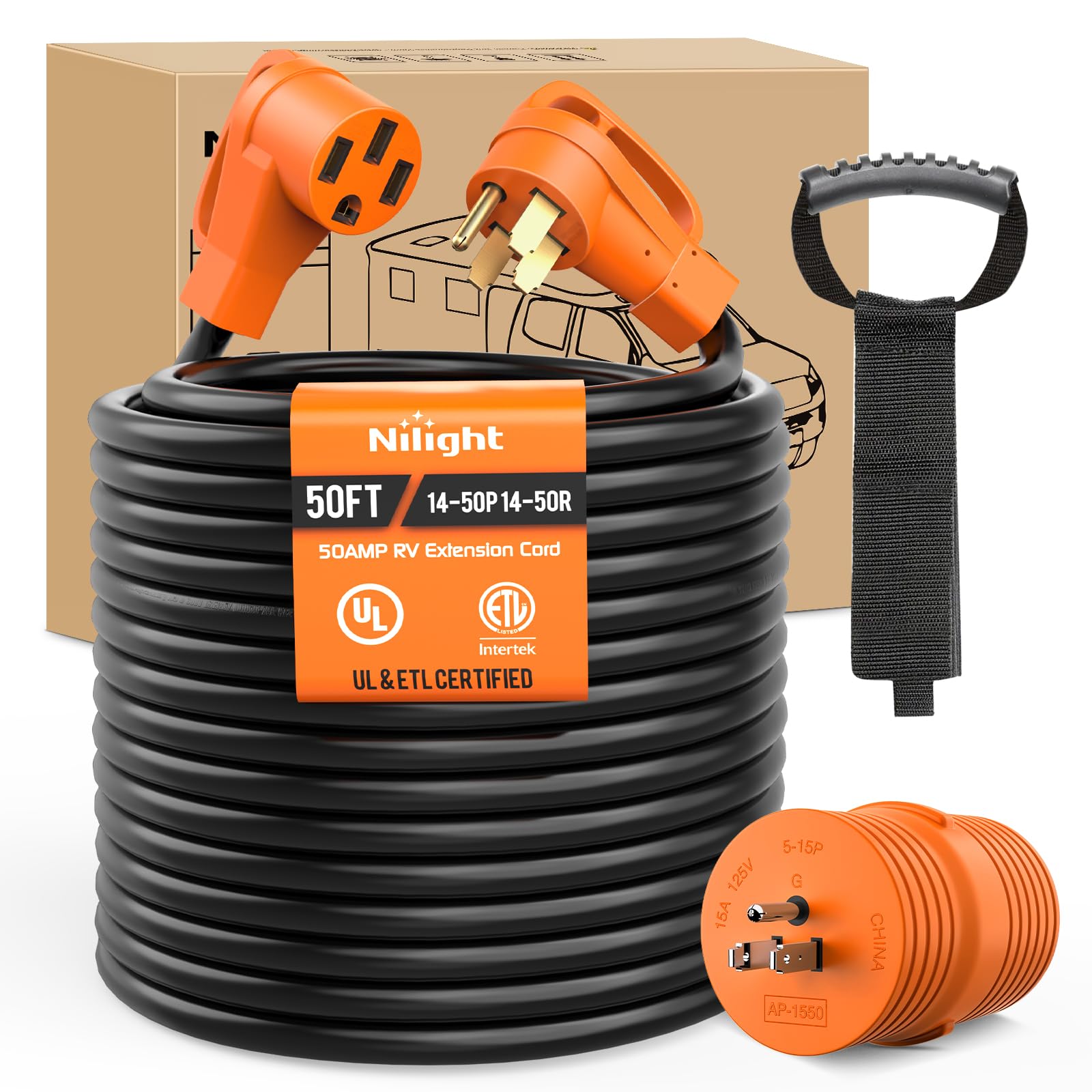 Nilight 50Ft 50 Amp Rv Extension Cord With Adapter 15Amp To 50Amp 250V Heavy Duty 6/3+8/1 Gauge Pure Copper Stw Wire Ul Etl List