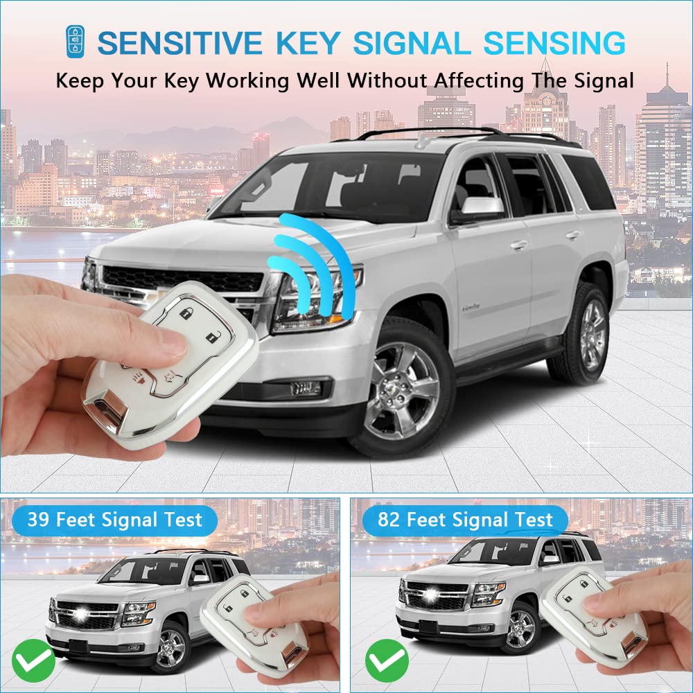 1797 Key Fob Cover for Chevy Tahoe Suburban GMC Yukon - TPU Bling Case, 6 Button, White/Silver, Type C