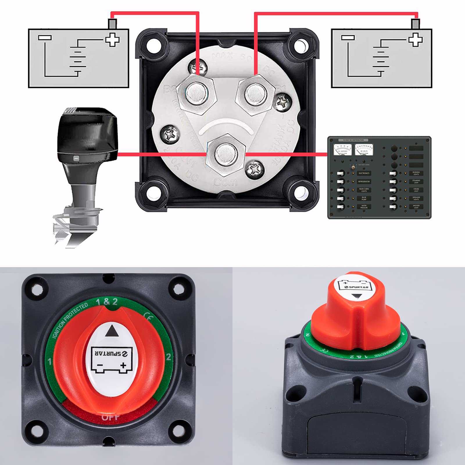 Spurtar Battery Disconnect Switch 1-2-Both-Off, DC 12V-48V Master Marine Battery Switch Power Cut Off for Marine Boat Car ATV RV