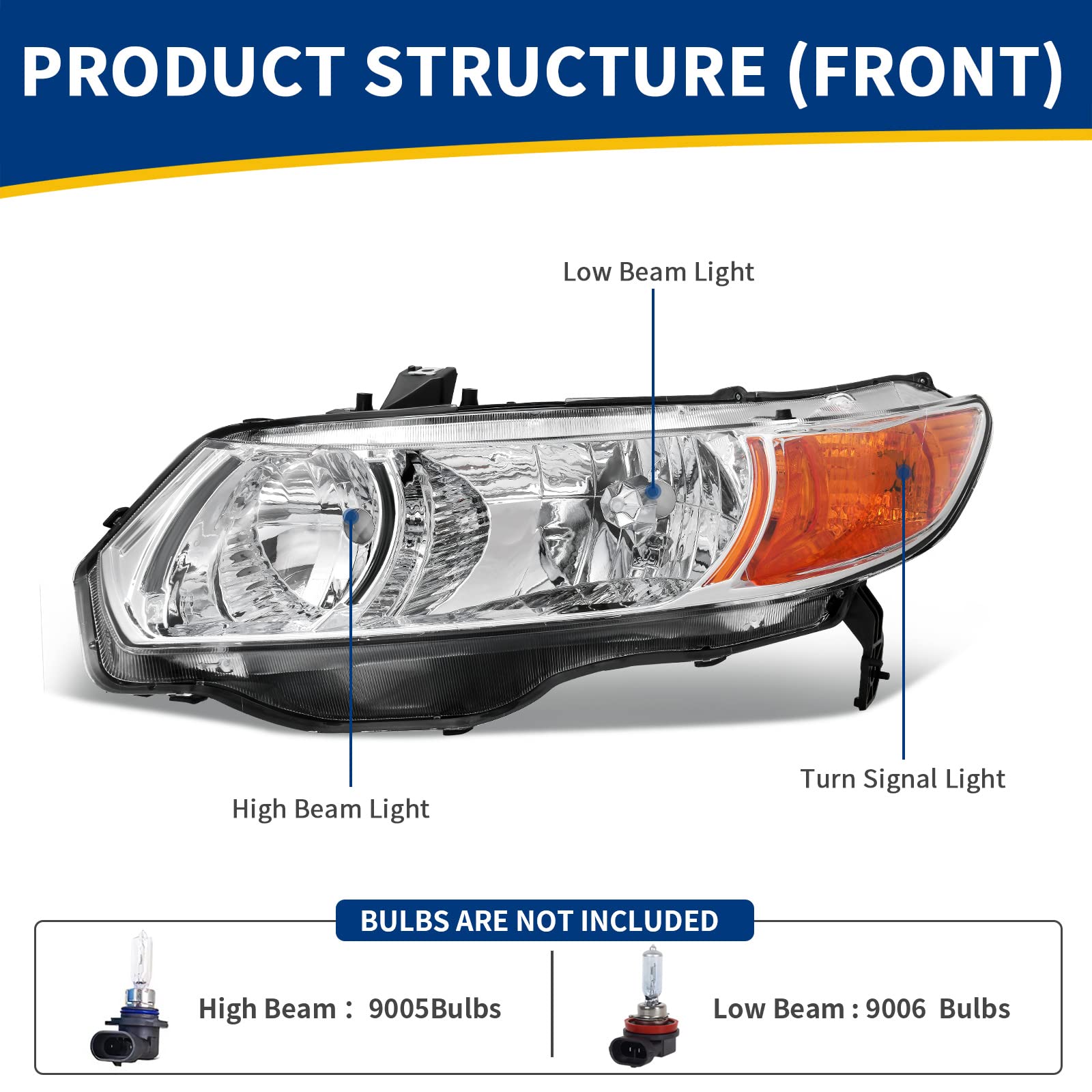 Autosaver88 Headlight Assembly Compatible With 2006-2011 Civic Coupe Oe Style Replacement Headlamps Amber Park Lens