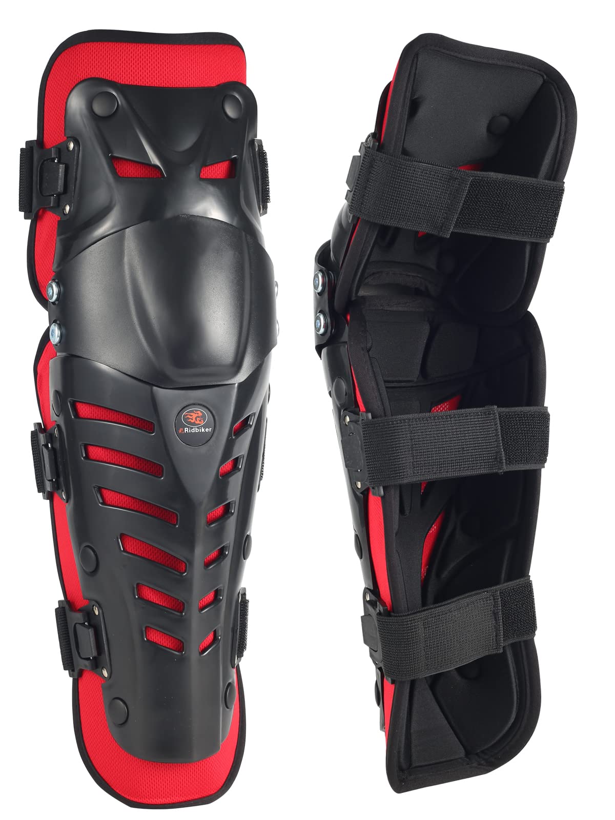 RIDBIKER Knee Shin Guard Pads - Adjustable Breathable Armor for Motorcycle Cycling - Lengthen Size, Red, Crashproof, 1 Pair