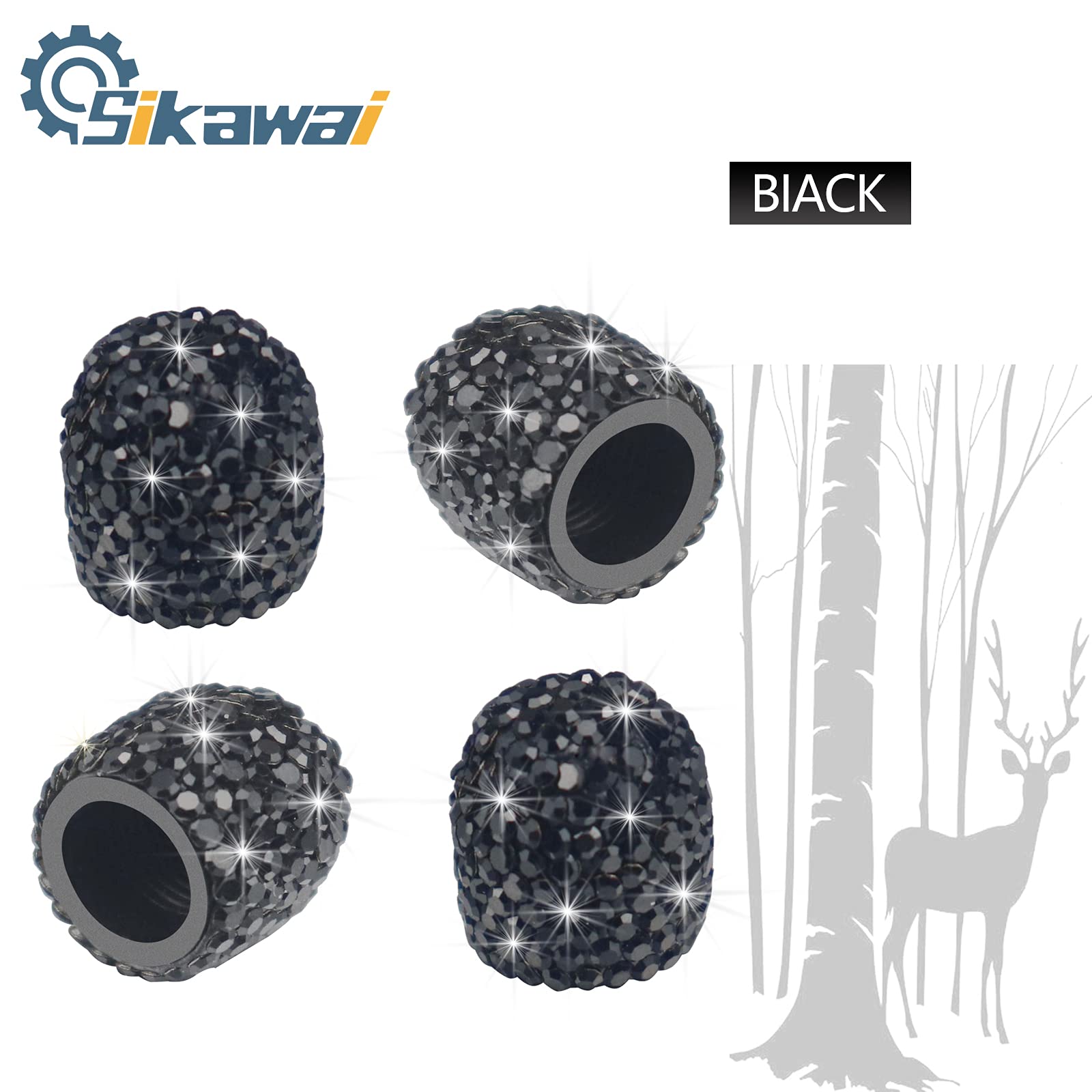 Sikawai Black Bling Valve Stem Caps - Handmade Crystal Rhinestone, Universal Car/Bike Accessories, Dustproof Chrome Finish