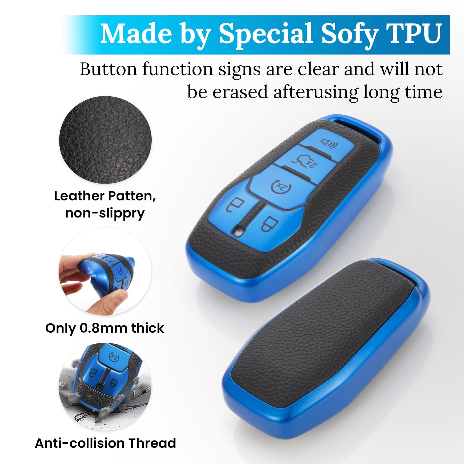 Ctrinews For Ford Key Fob Cover With Carbon Fiber Style Belt Keychain, Upgraded Tpu Surface Grain Case For Fusion Mustang F150-3