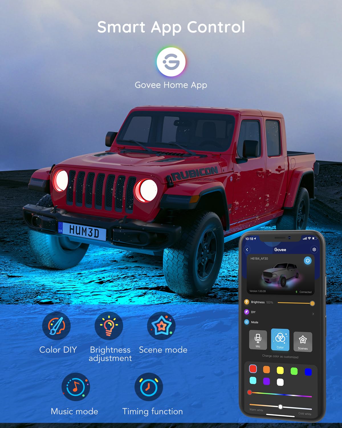 Govee Underglow Car Lights - 4 pcs RGBIC Smart LED with App Control, 16 Million Colors, 10 Scene Modes, Music Sync, Model H61840A1