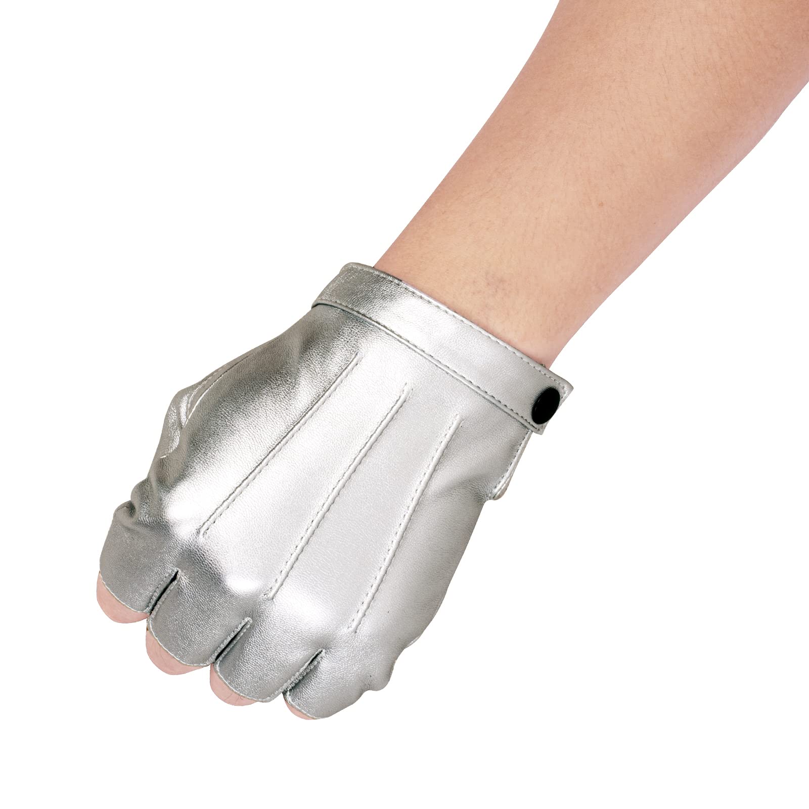 Jisen Men Pu Leather Punk Half Finger Snap Performance Gloves Silver