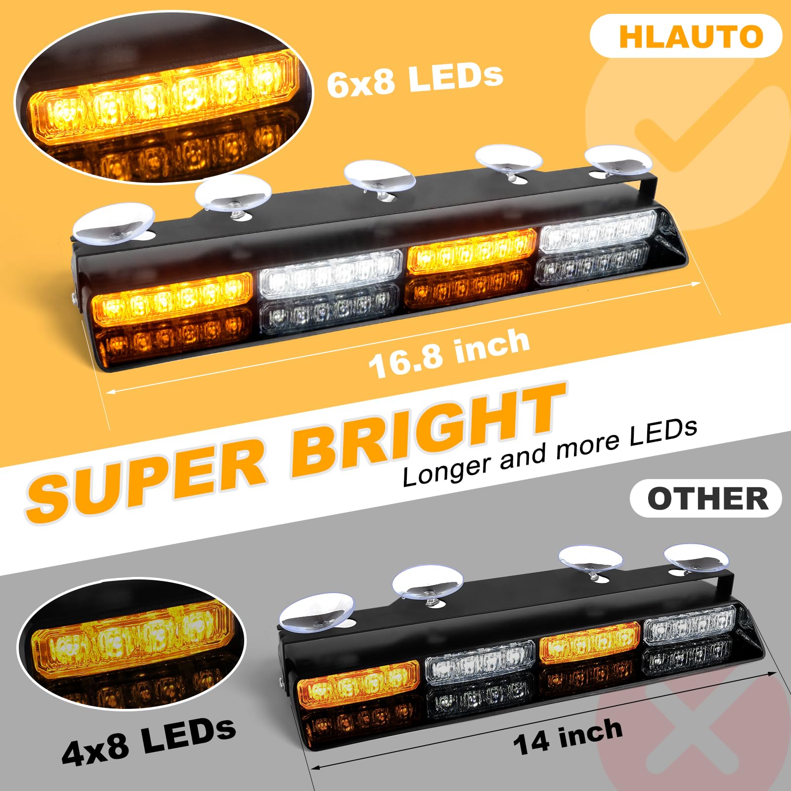HLauto 604N Emergency Dash Strobe Lights - 48 LED Amber/White Light Bar with Controller for Trucks and Vehicles