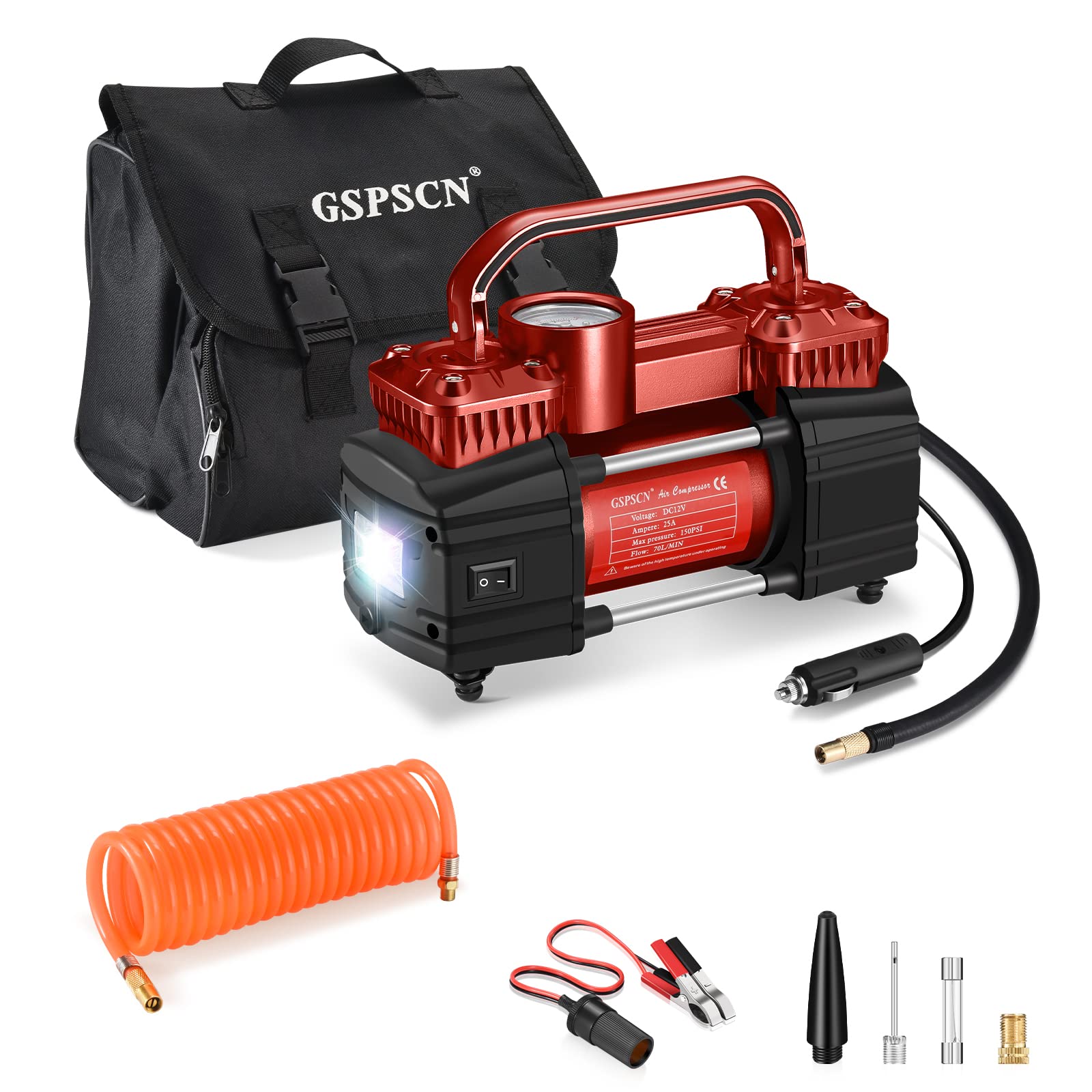 Gspscn Dual Cylinder Dc 12V Air Compressor For Car, Heavy Duty Portable Tire Inflator,Tire Pump 150Psi With Led Light For Auto,T