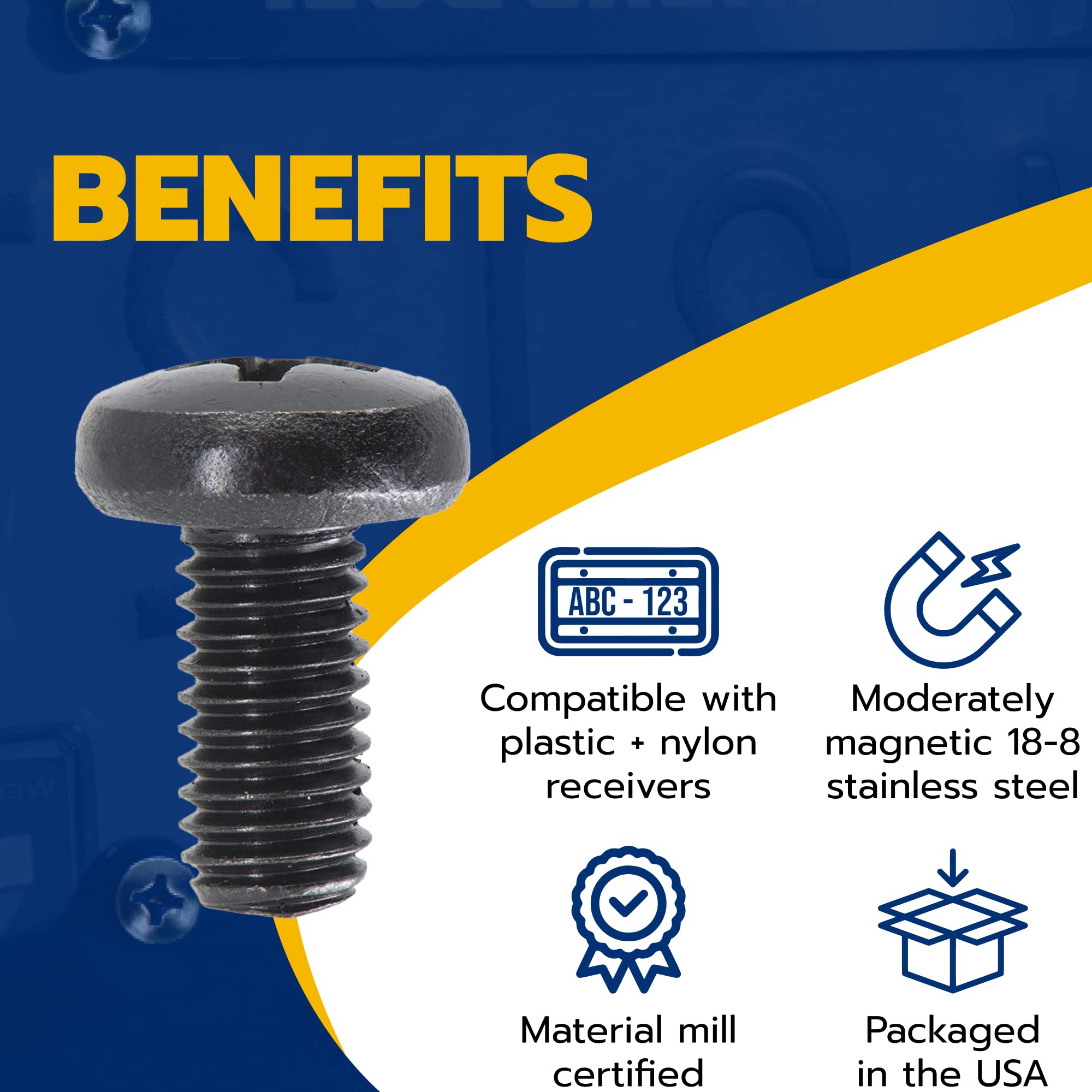 MAKERS BOLT Black License Plate Screws, Stainless Steel M5-0.8 x 10mm, Phillips Pan Head, Pack of 4