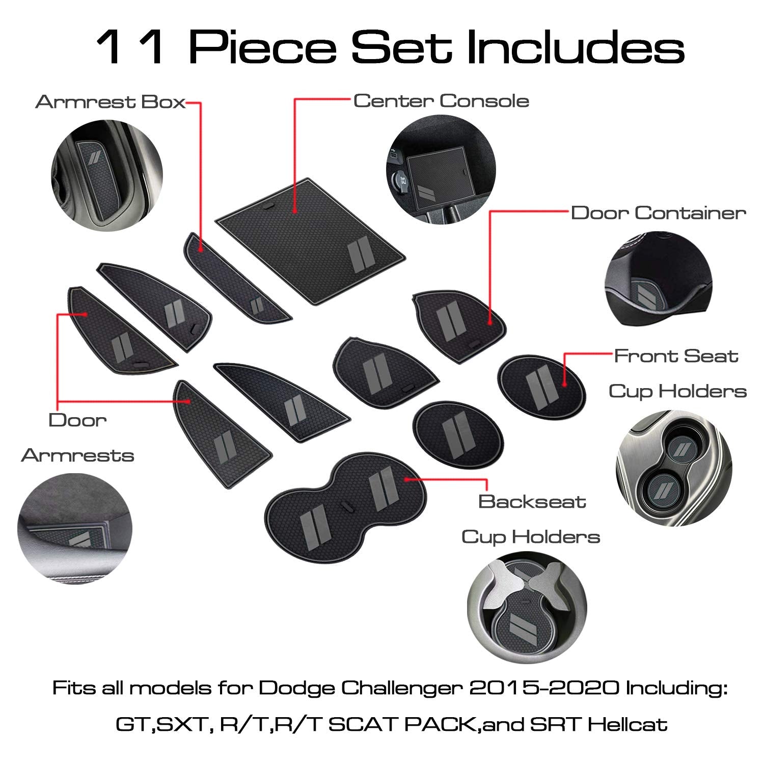Hamsam For Dodge Challenger Accessories 2015-2021 Anti Dust Cup Holder Inserts, Door Pocket Liners And Center Console Liner Mats