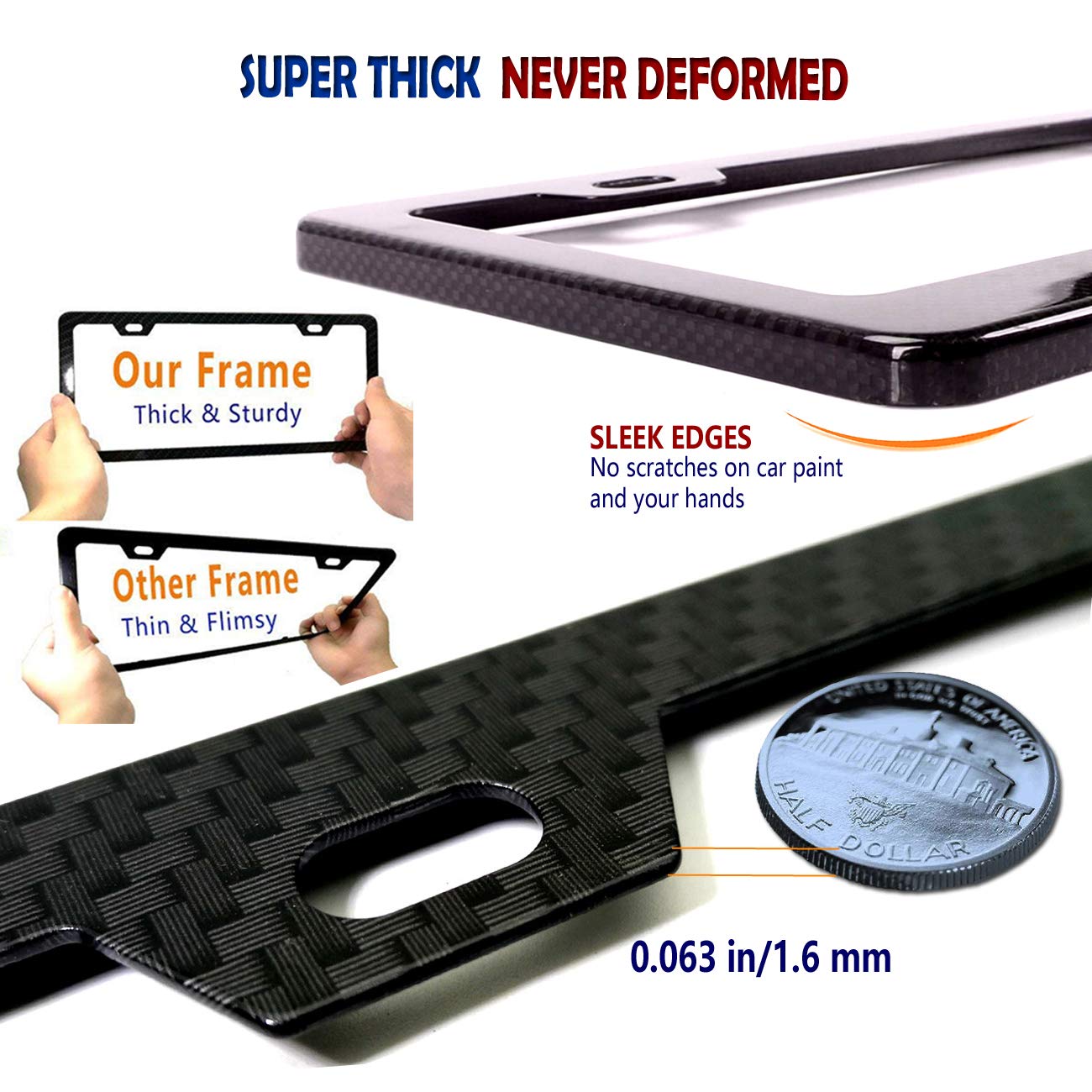 Aootf Carbon Fiber License Plate Frames- Anti Theft Black Aluminum Printed Carbon Patterns For Front Rear Car Tag Holder, With S