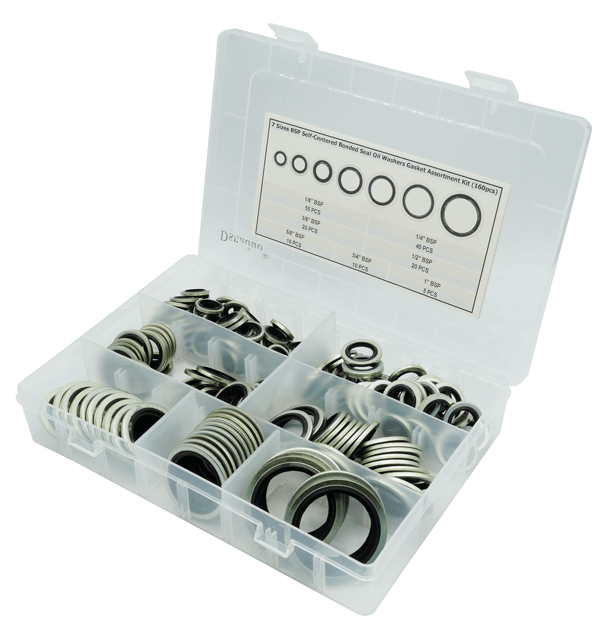 Dsnaduo 160Pcs BSP Dowty Bonded Seal Washer Assortment Kit, 7 Sizes (1/8 to 1), Black, Model 160-7G for Automotive