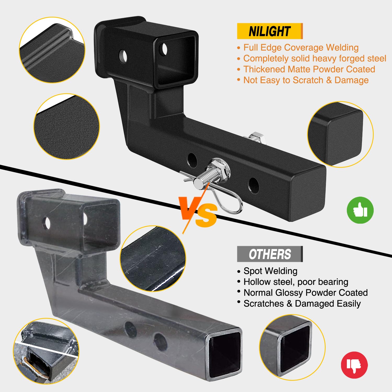 Nilight Trailer Hitch Extension Riser 2" Receiver, 4" Rise/Drop, 7500 lbs Capacity, Adjustable Length 5-9", Alloy Steel, Matte Black