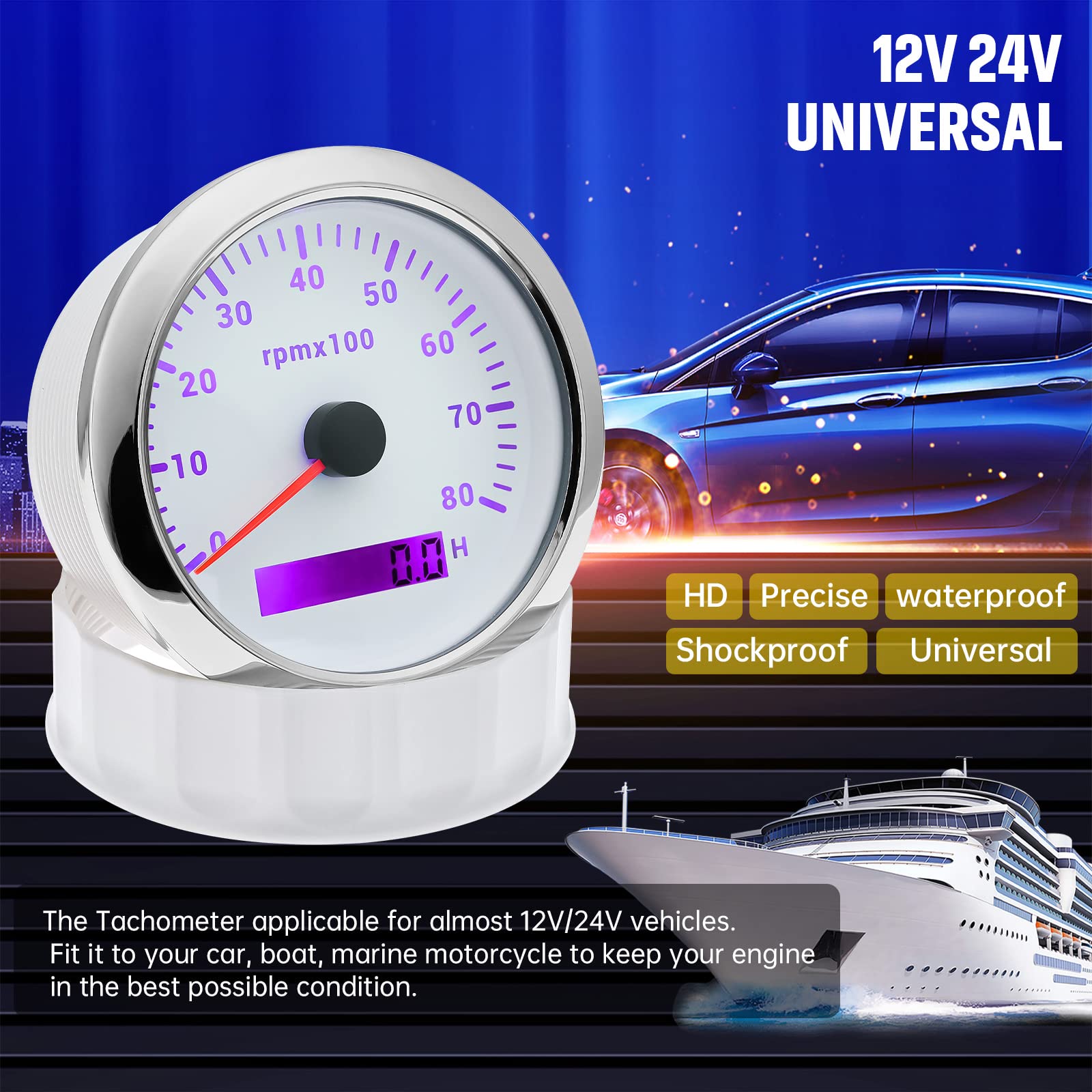 Artilaura Tachometer Boat Tacometro 85Mm 3-3/8'' 7 Color Led 8000 Rpm Gauge For Car Auto Marine Truck 9-32V (White)