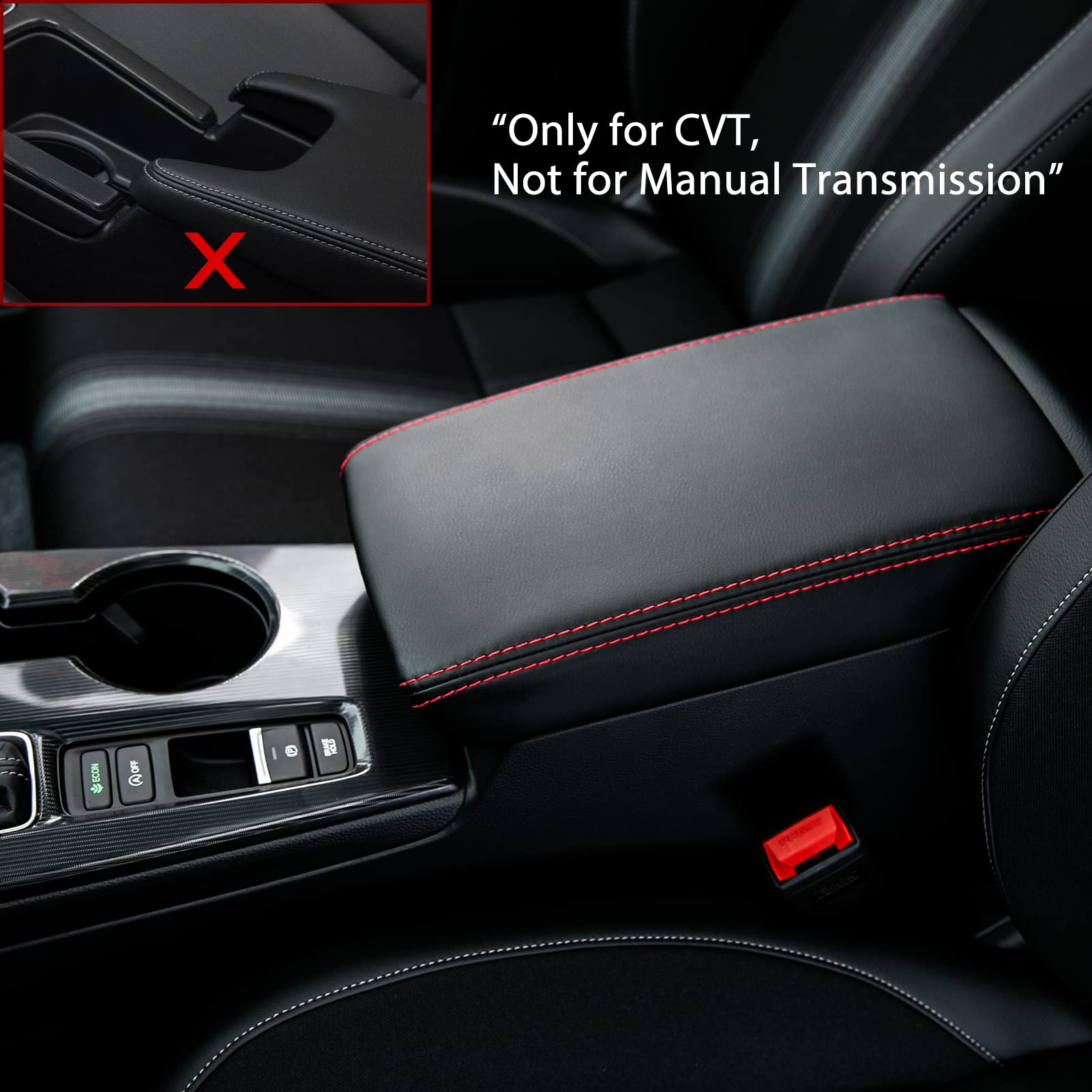 CKE Armrest Cover for Honda Civic 2022-2026 - Black (Red Line), Leather, CVT, Storage Box Lids, Seat Protector