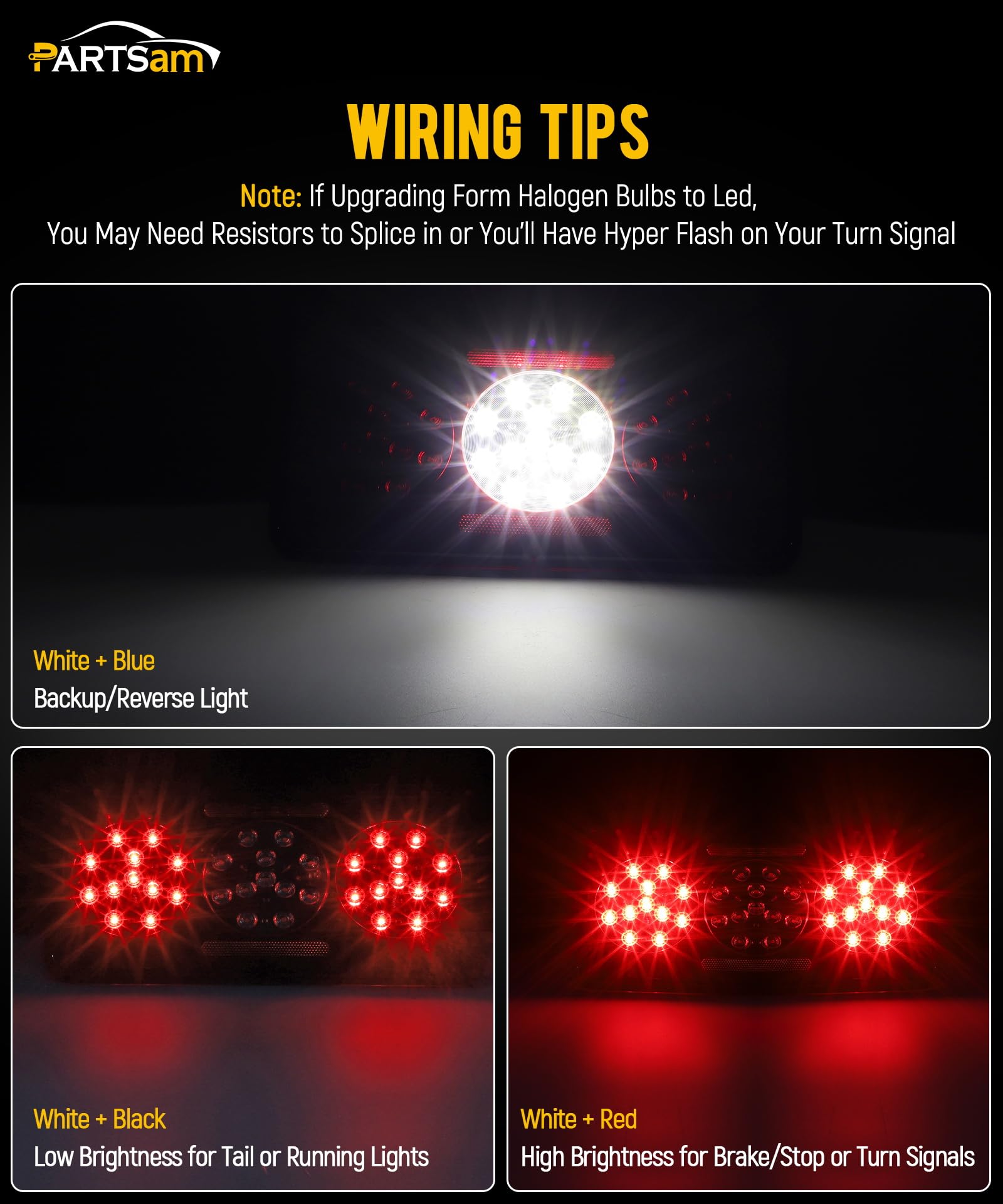 Partsam Rectangular Triple LED Trailer Tail Light, Red, Standard Size, Plastic, for RV Camper Motorhome - Stop, Turn, Backup, Reverse Lights