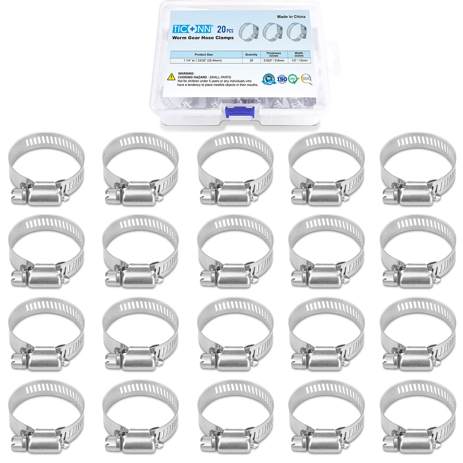 Ticonn 20Pcs Hose Clamp Set - 1-1/4 ' ' - 1-23/32 ' ' 304 Stainless Steel Worm Gear Hose Clamps For Pipe, Intercooler, Plumbing,