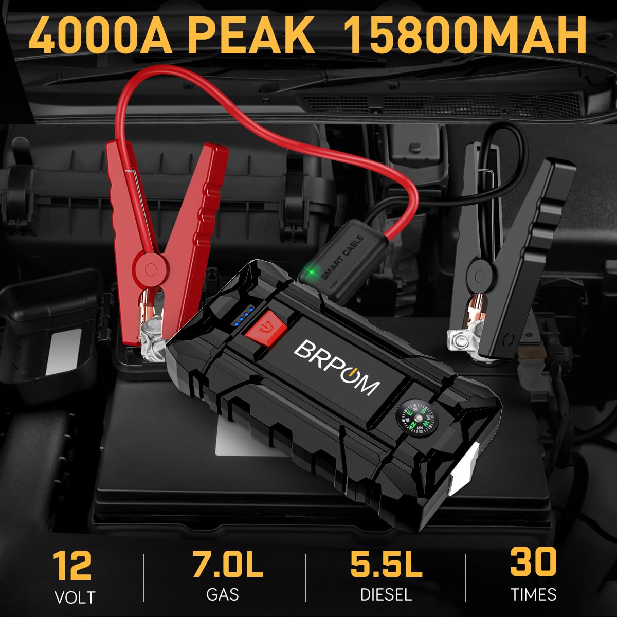 Brpom Car Jump Starter, 4000A Peak 15800Mah (Up To 7.0L Gas Or 5.5L Diesel Engine, 30 Times) 12V Auto Booster Battery Pack Jump